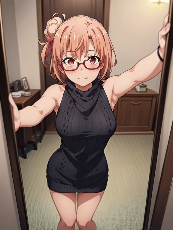 ((masutepiece, Best Quality, hight resolution, nffsw, Perfect Pixel, depth of fields, 4K, )), 1girl in, Solo, , Beautiful anime girl, Beautiful Art Style, 
very low view angle:1.3, hotel room background, standing,
Perfect body, smile,
Yuigahama Yui, Hair bun, short hair, large breasts, geek glasses:1.3, selfie in mirror:1.5, show feet:1.5,

Full face blush, ,Virgin killer sweater, sleeveless turtleneck, sweater dress, red face, 
straight-on:1.3, medium shot