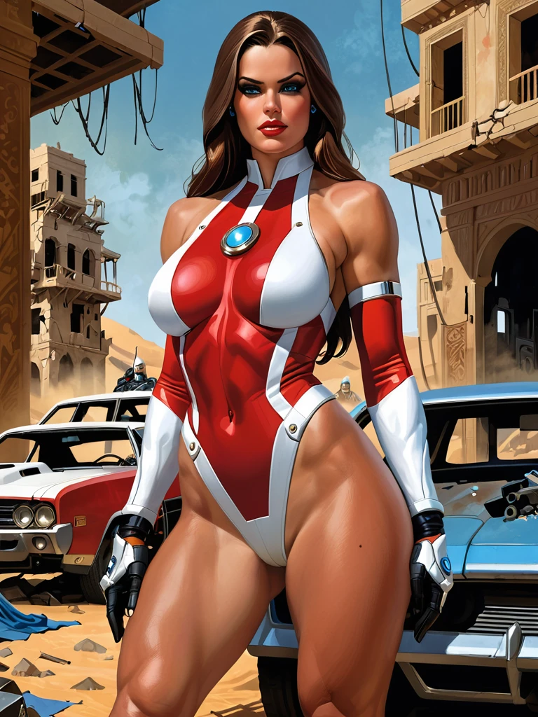 post-apocalyptic art, Alison Tyler a beautiful madmax woman in a white and red cybernetic suit, very long light brown hair, blue eyes, detailed skin texture, detailed cloth texture, beautiful detailed perfect face, she is being overpowered by three nomad priests, two hold her down as one forces his male genitalia into hers aggredivly she is in a desert city amid wrecked cars and ruined buildings, intricate sharp details, ultra high resolution, professional ominous concept art by artgerm and Adam Hughes, an intricate, elegant and highly detailed digital painting, conceptual art, soft and sharp focus, illustration, in the style of Enki Bilal