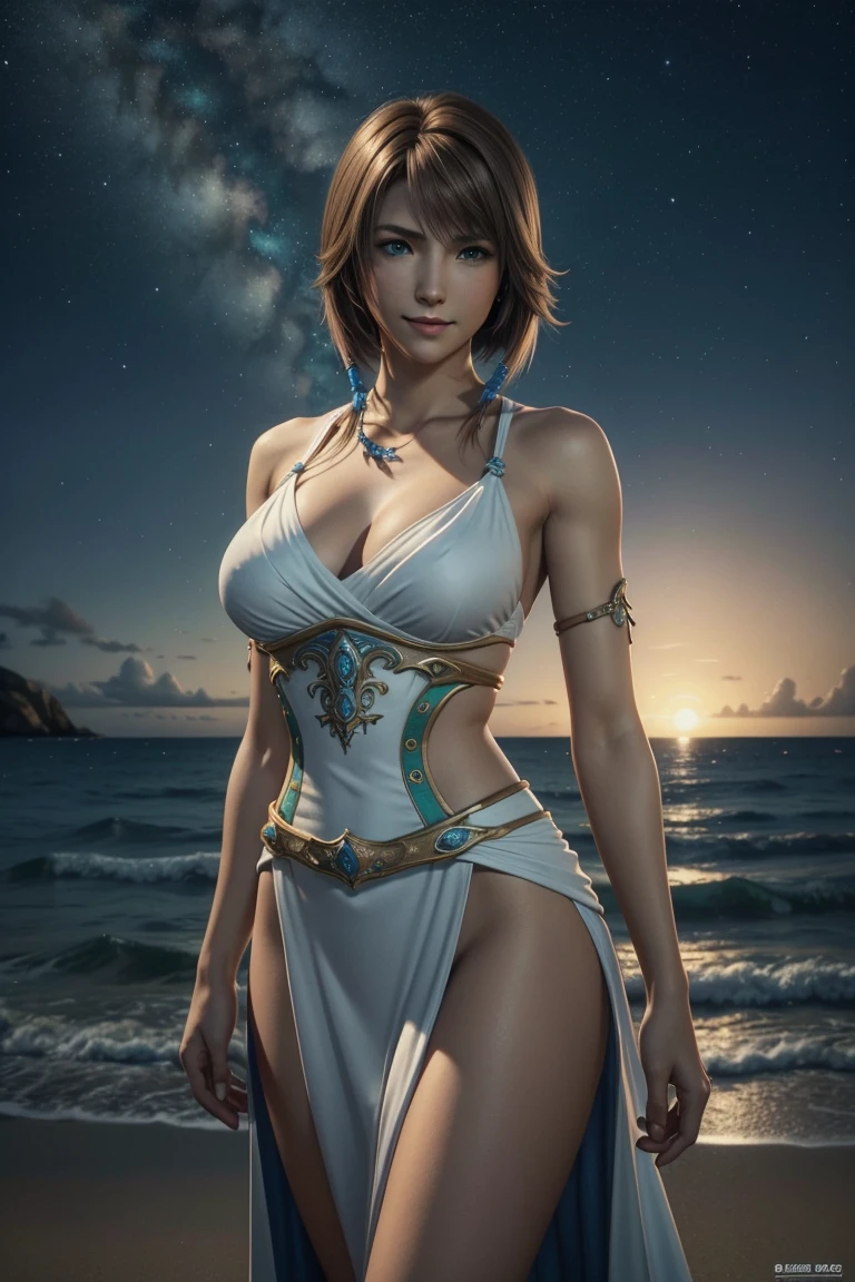 The best one,Yuna,Final Fantasy 10,FF10,Medium Hair,Brown hair,Let your bangs down,Beautiful green and blue odd eyes,,Beautiful and tall nose,Photorealistic,Ultra HD,high quality,masterpiece,Digital SLR,Detailed details,Intricate details,Anatomical basis,Depicted in detail,A detailed face,Realistic skin texture,Vivid details,Perfect Anatomy,Perfect Anatomy,Anatomically correct hand,Anatomically correct fingers,Super Detail,Complex 3D rendering,Huge ,Sexy pose,Final Fantasy 10の美しい世界,White long dress,Beautiful night sky,A beach with a beautiful starry sky,Fantastic beaches,Fantasy worldview,Picturesque,Pink Lips,smile,