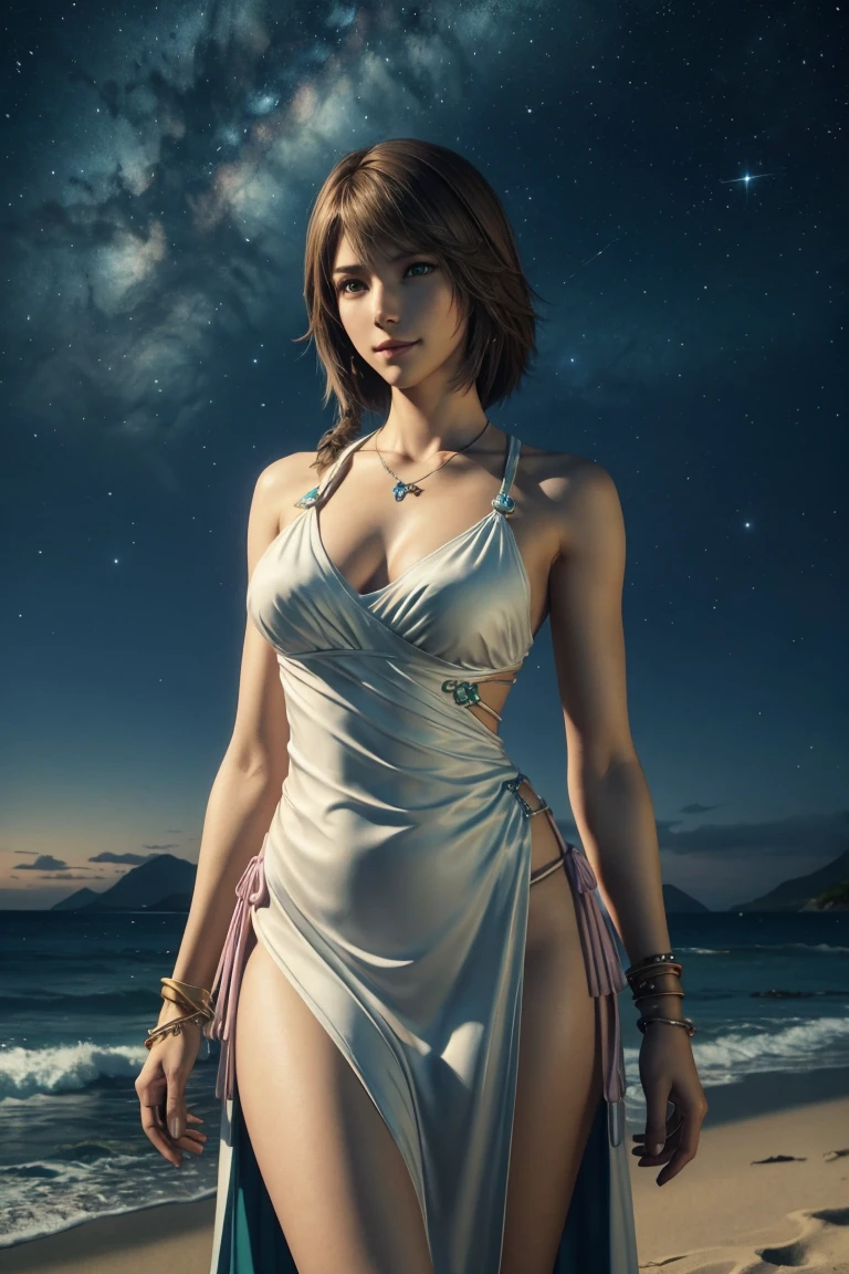 The best one,Yuna,Final Fantasy 10,FF10,Medium Hair,Brown hair,Let your bangs down,Beautiful green and blue odd eyes,,Beautiful and tall nose,Photorealistic,Ultra HD,high quality,masterpiece,Digital SLR,Detailed details,Intricate details,Anatomical basis,Depicted in detail,A detailed face,Realistic skin texture,Vivid details,Perfect Anatomy,Perfect Anatomy,Anatomically correct hand,Anatomically correct fingers,Super Detail,Complex 3D rendering,Huge ,Sexy pose,Final Fantasy 10の美しい世界,White long dress,Beautiful night sky,A beach with a beautiful starry sky,Fantastic beaches,Fantasy worldview,Picturesque,Pink Lips,smile,