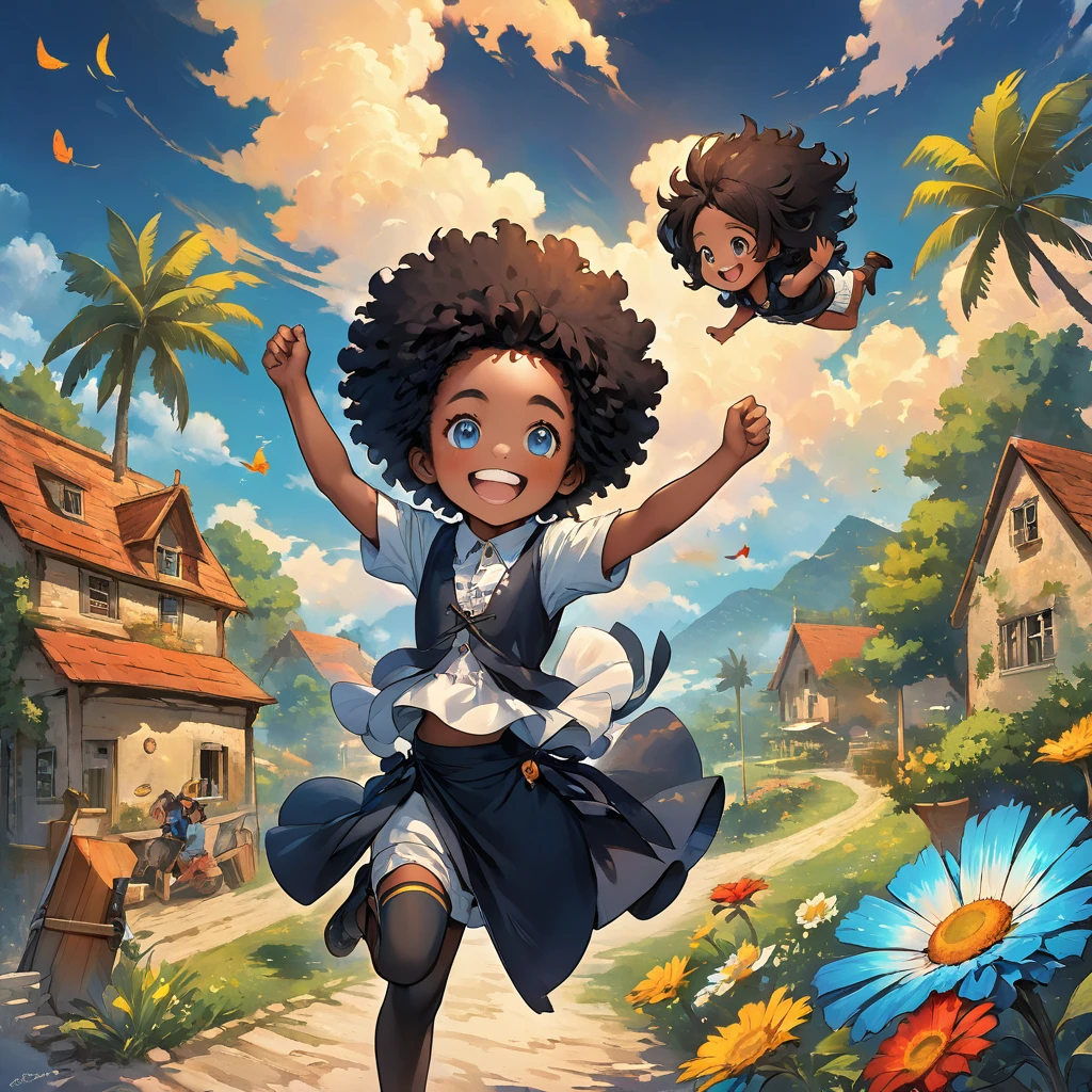 > ((homme noire jamaïcain des tresses style bob marley)) (mignon visage adorable) afro americain, long cheveux tresser au modele bob marley , yeux brillant et marrons claire , mignon et souriant , âgé de 6ans , en moment de joie , portant un chemise bleu avec un pontalon noire , avec un grand sourire , seule courant vers l'inconnue