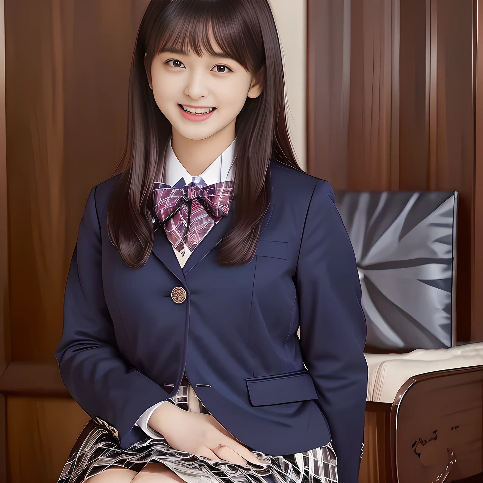 (Highest quality, masterpiece:1.2), Highest quality, High resolution, 1080P, 8k, (Paintings by Vigée Leblanc: 1.5), (A noble, graceful and intelligent yo Japanese young long hair magazine fashion model who have a best proportion are seated smiling at me with religious extreme beatitude, expressing her happiness to me with her religious love supreme: 1.5), (background is complete black: 1.6), (double-eyelids, brown wet large eyes with detailed beautifully: 1.4), (calling me to invite me to her extreme happiness opening her mouth: 1.4), (laughing shy cheeks and lips, as if watching a comedy: 1.5), ((Very super long wavy hair is too much beautiful: 1.0)), (Navy gorgeous Japanese school blazer with noble golden emblem: 1.2), (Gorgeous dark blue tartan check blue pattern pleated skirt with beautiful white fat calves and knees: 1.4), (Gorgeous plain red gloss chest ribbon: 1.0), (Well-shaped ample fat breasts), (Tilting her head shyly), (Too beautiful women to stop falling into them: 1.6), (She is in fact succubi and calling me with strong religious temptation: 1.2), showing her palm to invite me