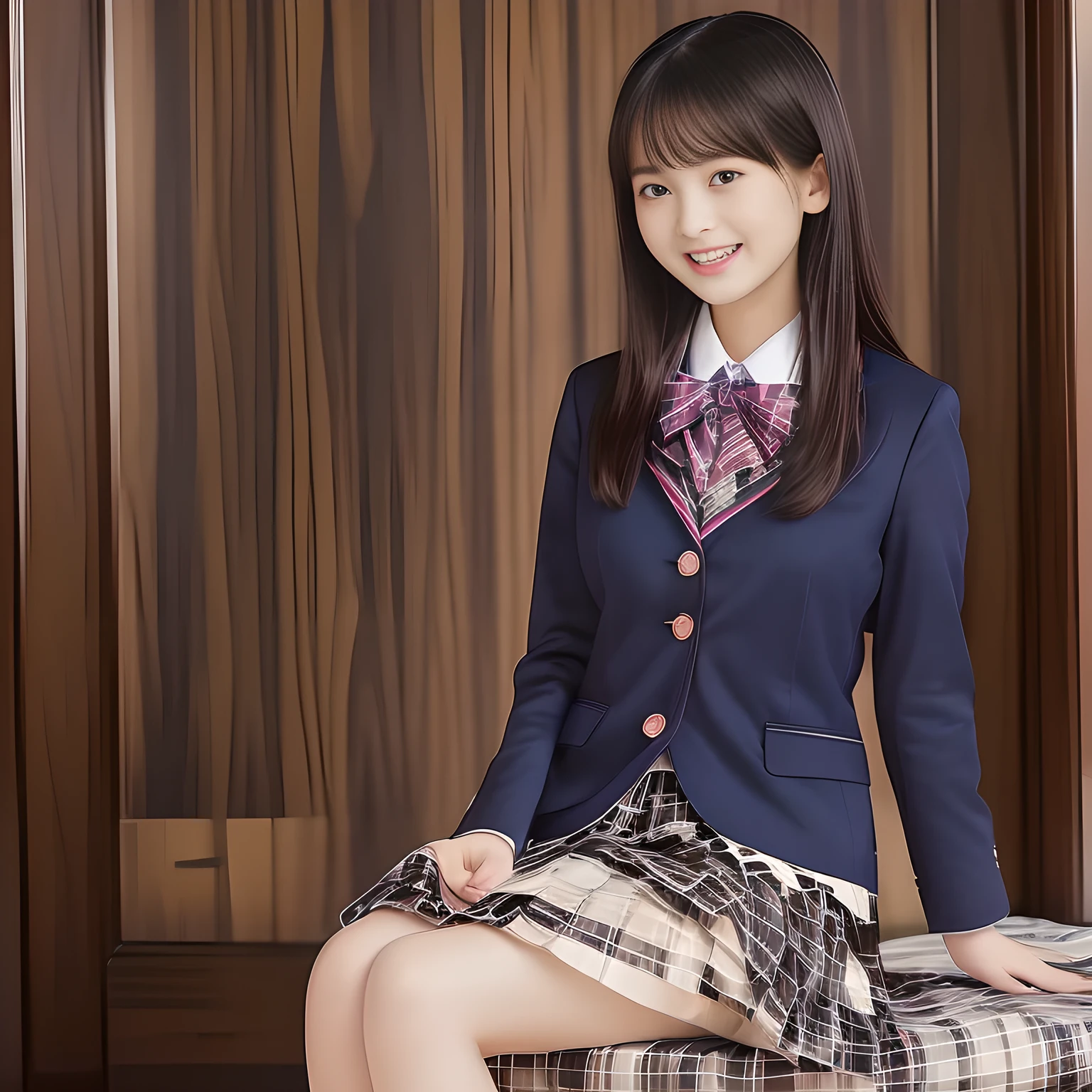 (Highest quality, masterpiece:1.2), Highest quality, High resolution, 1080P, 8k, (Paintings by Vigée Leblanc: 1.5), (A noble, graceful and intelligent 14yo Japanese young long hair magazine fashion model who have a best proportion are seated smiling at me with religious extreme beatitude, expressing her happiness to me with her religious love supreme: 1.5), (background is complete black: 1.6), (double-eyelids, brown wet large eyes with detailed beautifully: 1.4), (calling me to invite me to her extreme happiness opening her mouth: 1.4), (laughing shy cheeks and lips, as if watching a comedy: 1.5), ((Very super long wavy hair is too much beautiful: 1.0)), (Navy gorgeous Japanese school blazer with noble golden emblem: 1.2), (Gorgeous dark blue tartan check blue pattern pleated skirt with beautiful white fat calves and knees: 1.4), (Gorgeous plain red gloss chest ribbon: 1.0), (Well-shaped ample fat breasts), (Tilting her head shyly), (Too beautiful women to stop falling into them: 1.6), (She is in fact succubi and calling me with strong religious temptation: 1.2), showing her palm to invite me