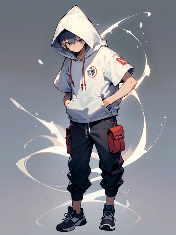 Masterpiece、Flashy short sleeve hoodie、Hooded、male、Lean forward and put your hands in your pockets、cargo pants、Full-body portrait