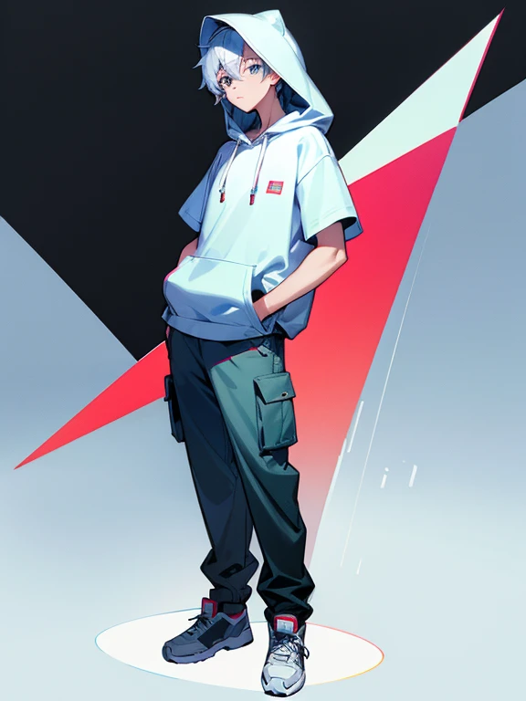 Masterpiece、Flashy short sleeve hoodie、Hooded、male、Lean forward and put your hands in your pockets、cargo pants、Full-body portrait
