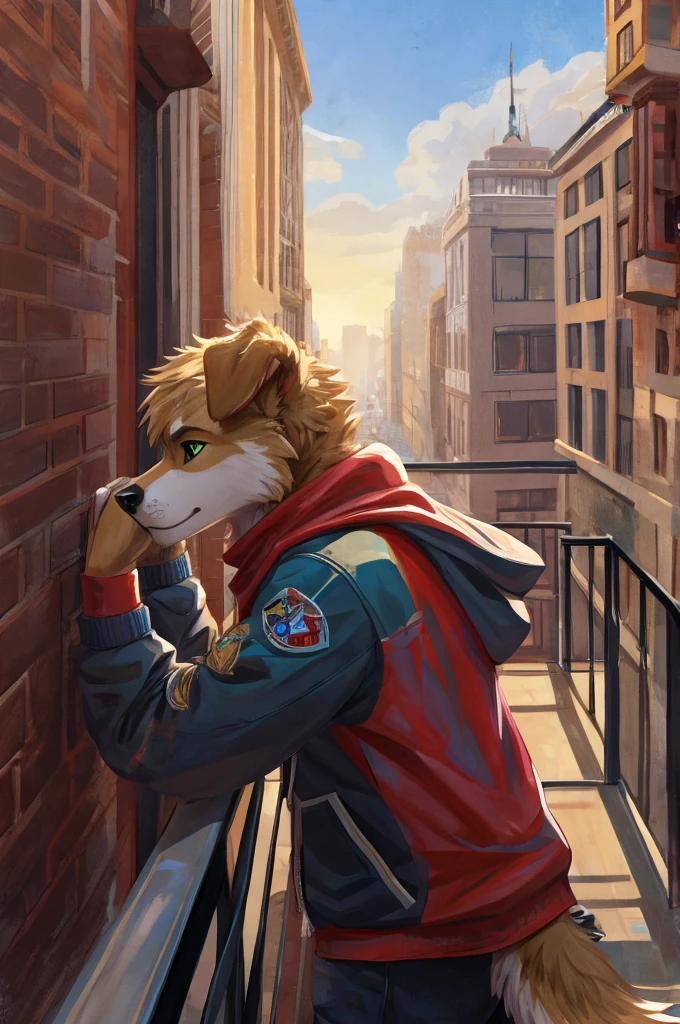 With the Sith \(That\), Bird Dog, Canines, Canines, Canines, domestic dog, golden hound, hound, mammal, hound, anthropology, City, clothing, floppy ears, fur, Green Eyes, hoodie, male, scarf, A little fatter, Solitary, Tops, Wristband, body of, yellow fur, Arms on the balcony, think, Looking at the sky, Leaning towards the balcony, Clear skies, sunshine, Rooftop, Arm on the railing, Head in hands, Bend your arms, Back to the audience, Oblique view, Face POV, Face Focus, close up