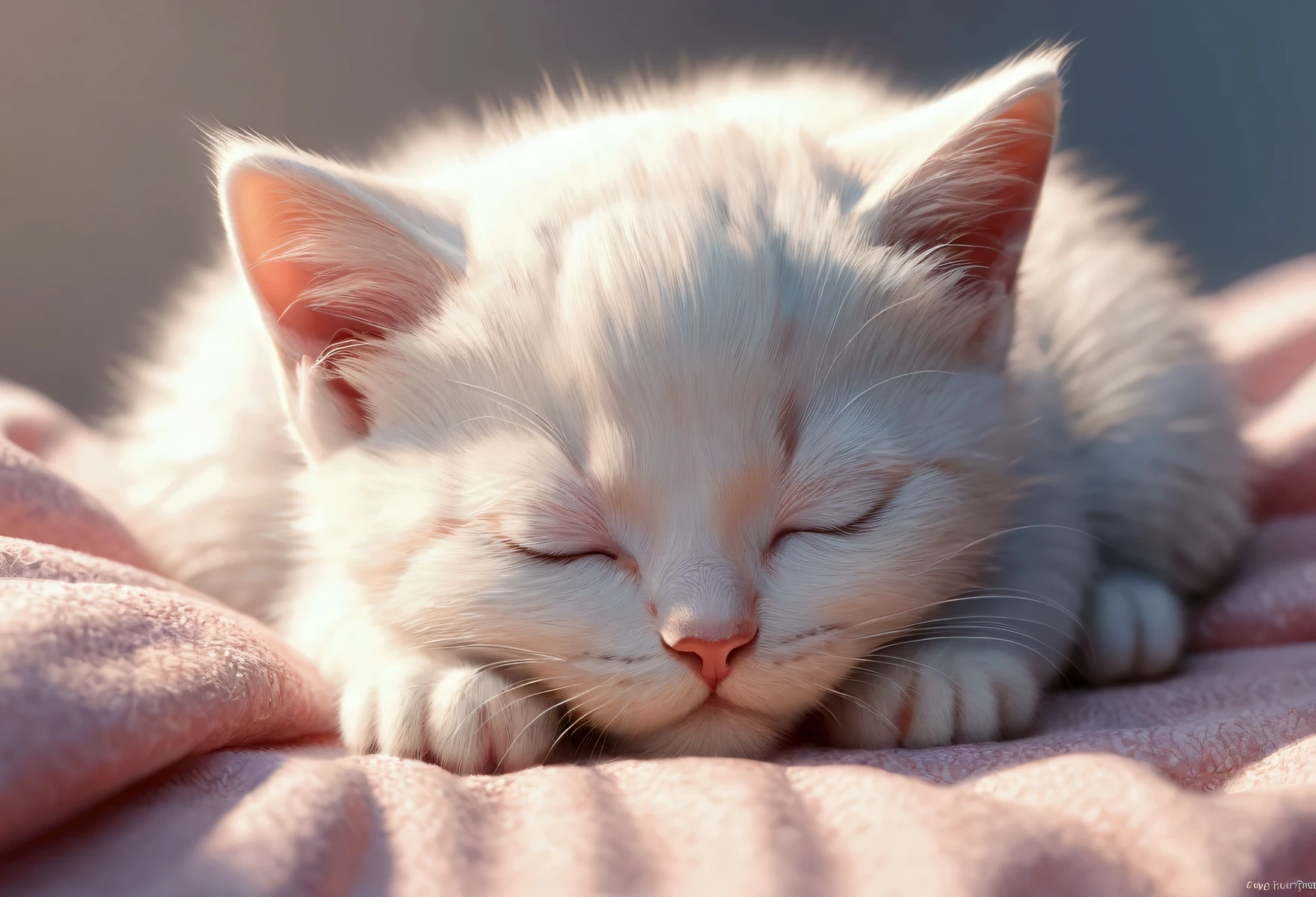 Closed eyes、Close your eyes and sleep, ベットでAre sleeping美しい子ネコ, kitten, baby, Volumetric Light, Ultra-realistic, Intricate details, shape, Painting, watercolor, Cute Chibi, ah!, Shallow depth of field, Pastel Color Palette, Soft lighting, Minimum, Modern, Digital Painting, Lois Van Bell、Ross Tran、Art by artgerm, Artstation HQのトレンド, Very detailed，sleep，Are sleeping