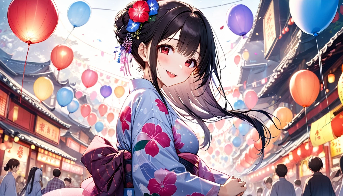panoramic, low-angle, (Lovers style), (lover's pov, closed lover's arm), (solo:2, 18 yo, beautiful detailed sexy body), (beautiful asymmetry:1.3 bangs, Messy bun) (best grow black hair very long hair) (sexy sadist girl, beauty detailed moist red eyes), (sexy glossy pink lip, open mouth, happy smile, big tits), in a immensely beautiful yukata with double exposure morning glory) break, in the night summer Festival Dance Event, background many mini Prayer Paper Balloon, BREAK, perfect anatomy, masterpiece, best quality, 16k, beautiful detailed night, daydreaming expression.