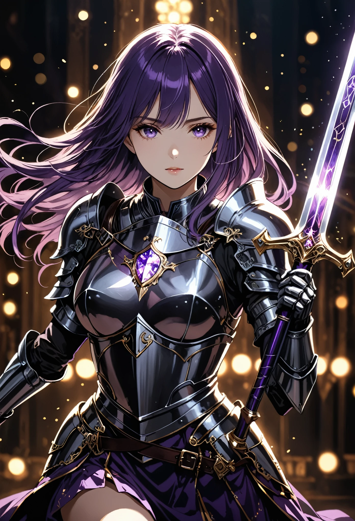 Harry Clark (Harry Clarke) style,best quality, masterpiece, high resolution, 1 Girl,knight,Light effects around the girl,Running action,Corners and sprints,Hold the greatsword in both hands,Shine brightly,Tyndall effect,Reality, Dark Studio, Edge lighting, Two-color lighting,(High Detail Skin:1.2), 8K uhd, Digital SLR Camera, Soft lighting, high quality, Volumetric Lighting, frank, photo, high resolution, 4K, 8K, Bokeh, Dark purple hair,Long hair