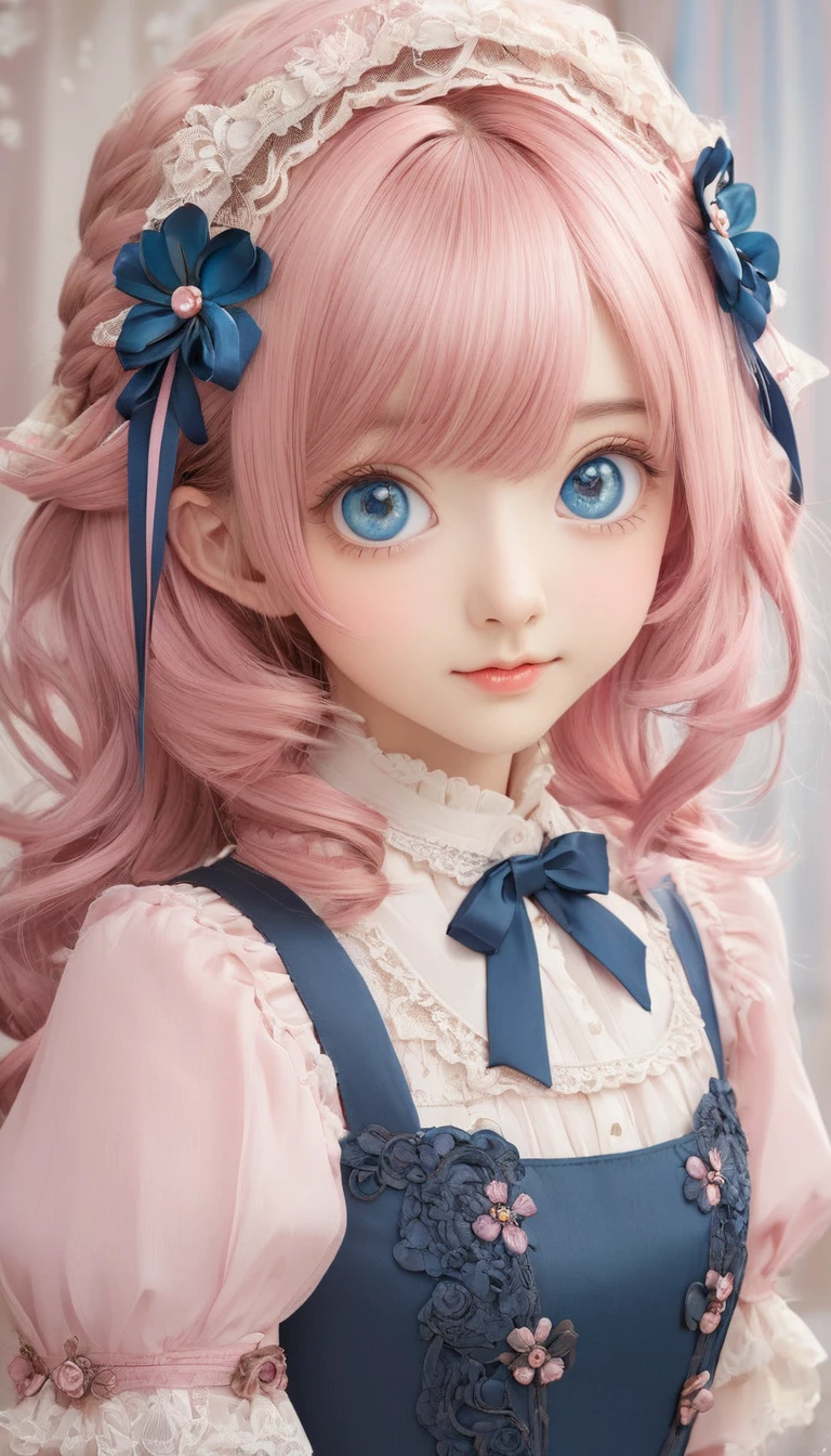 (Antique Style, Girlish: 1.2, Pink Hair: 1.1, blue eyes: 1.1, Big eyes)