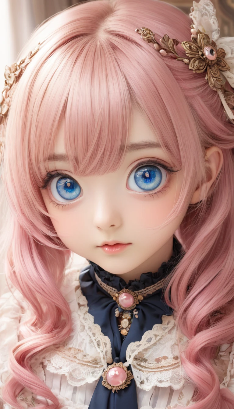 (Antique Style, Girlish: 1.2, Pink Hair: 1.1, blue eyes: 1.1, Big eyes)