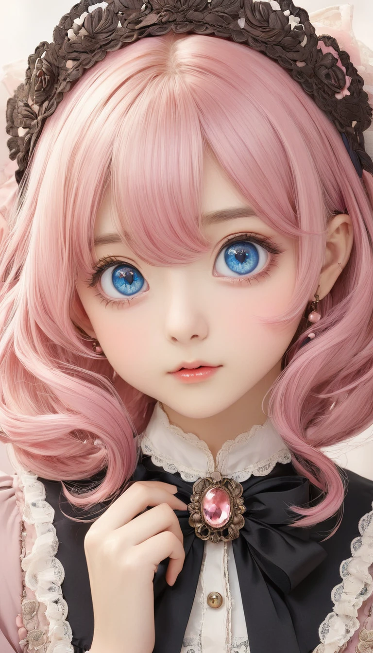 (Antique Style, Girlish: 1.2, Pink Hair: 1.1, blue eyes: 1.1, Big eyes)