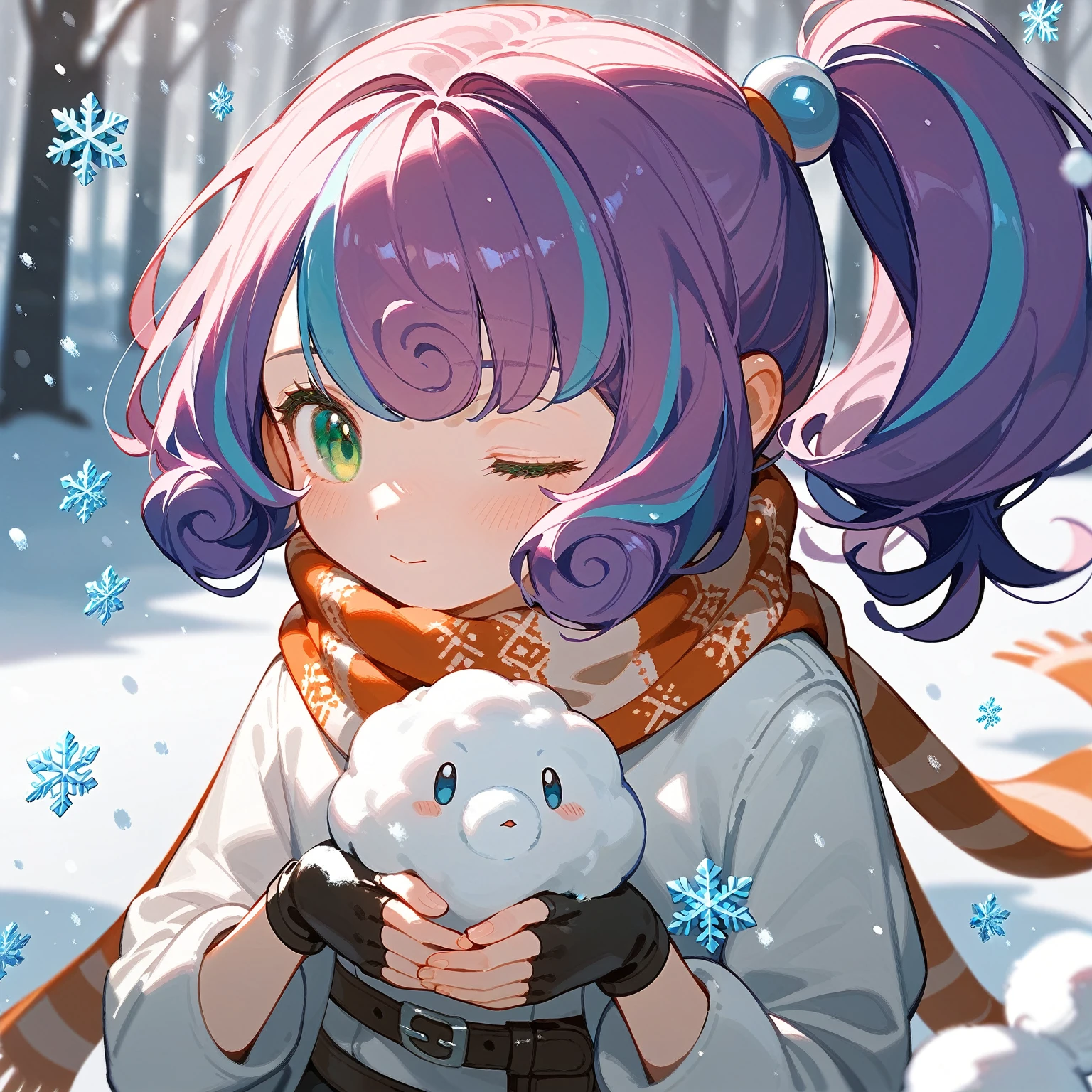 1Young girl,Beautiful light and shadow,Brown side ponytail,Green eyes,Card issuance,Pokemon ball on the belt ,cute,Pokémonon style,sit down,Close one eye,blush,flurry,Arms covering face,Gloves,scarf,Snowball,snowflake,Snow,Light Particles