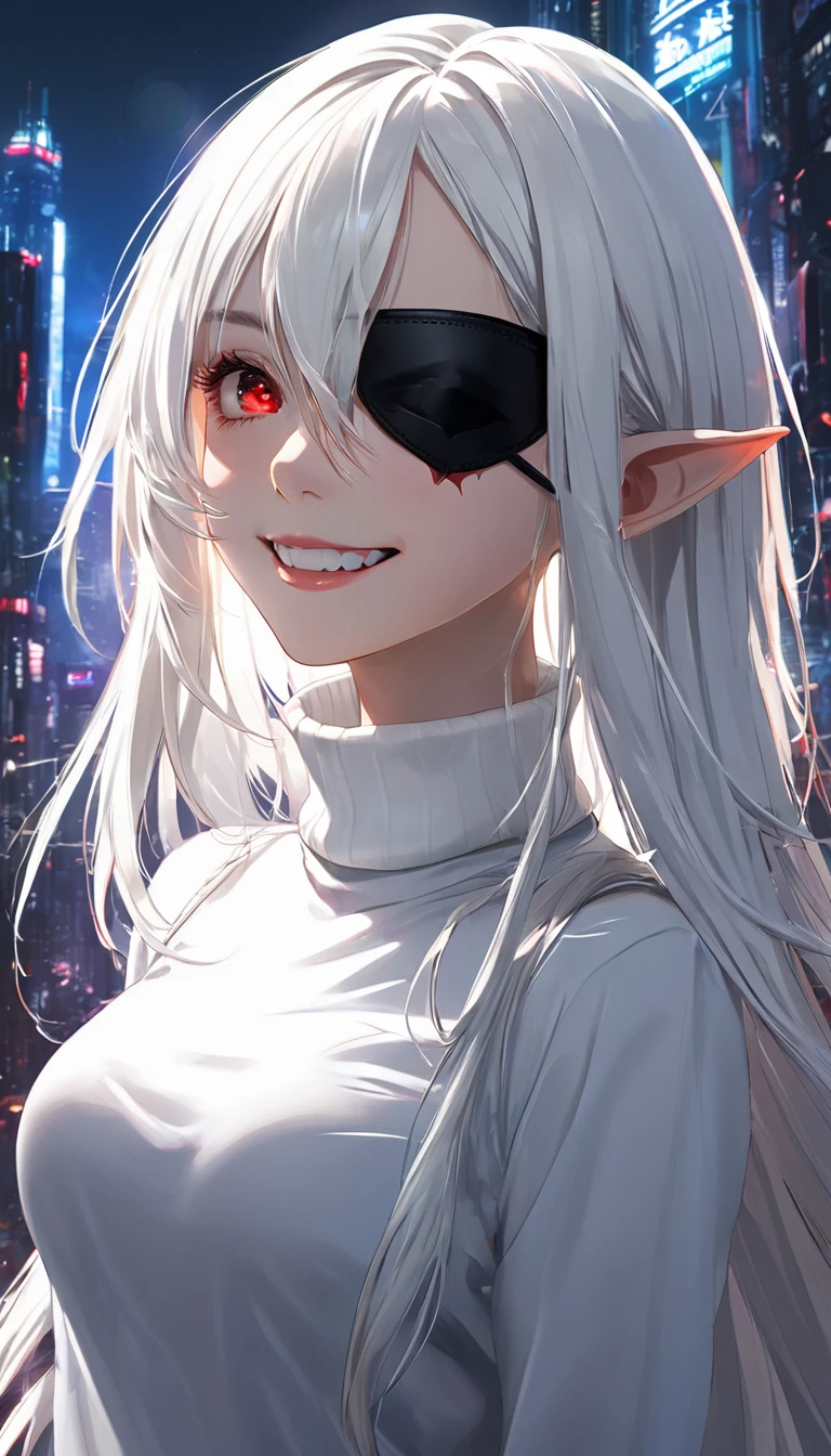 One girl, (alone), Anime girl with long white hair and red eyes, White Haired Girl, girl in white turtleneck, ((Eye patch)), Pointy Ears, ((vampire)), Grin, Conceit, Mouth closed, Cowboy Shot, Perfect white hair girl, White-haired God, Digital Cyberpunk Anime Art, turtleneck, Lens flare, ((Dramatic lighting)), Soft glowing red eyes, Very detailed, masterpiece, View your viewers, Background city, (night)