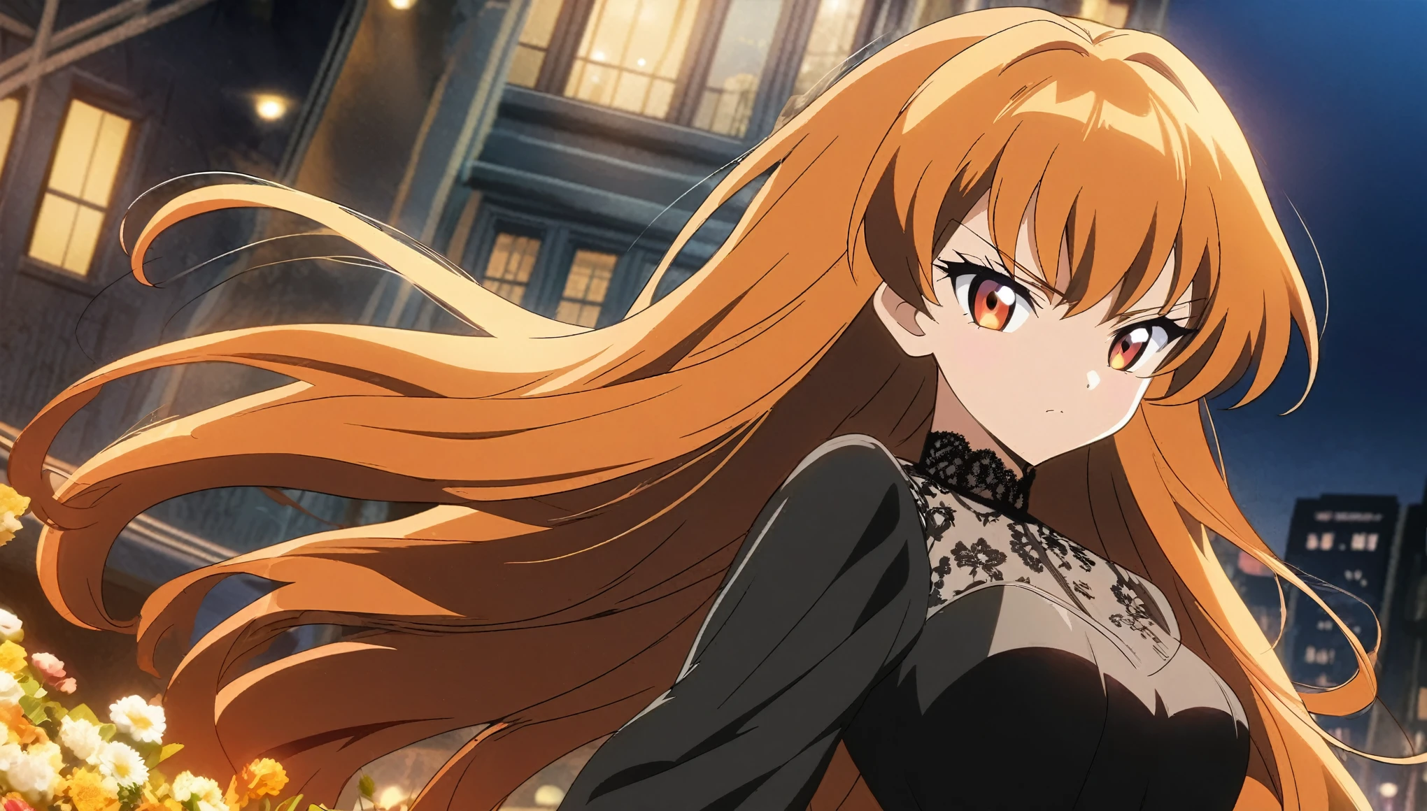 anime style, image of a woman with long hair and orange eyes, anime girl wearing a black dress, anime girl with long hair, white and orange hair, Marin Kitagawa fanart, Yumeko Jabami fanart, anime girl but a woman, modern artstyle, long hair with shine and movement, cute anime, waifu in a nice dress, beautiful anime woman, in black dress, modest, serious anime woman, beautiful flower, night, close up, sharp detail