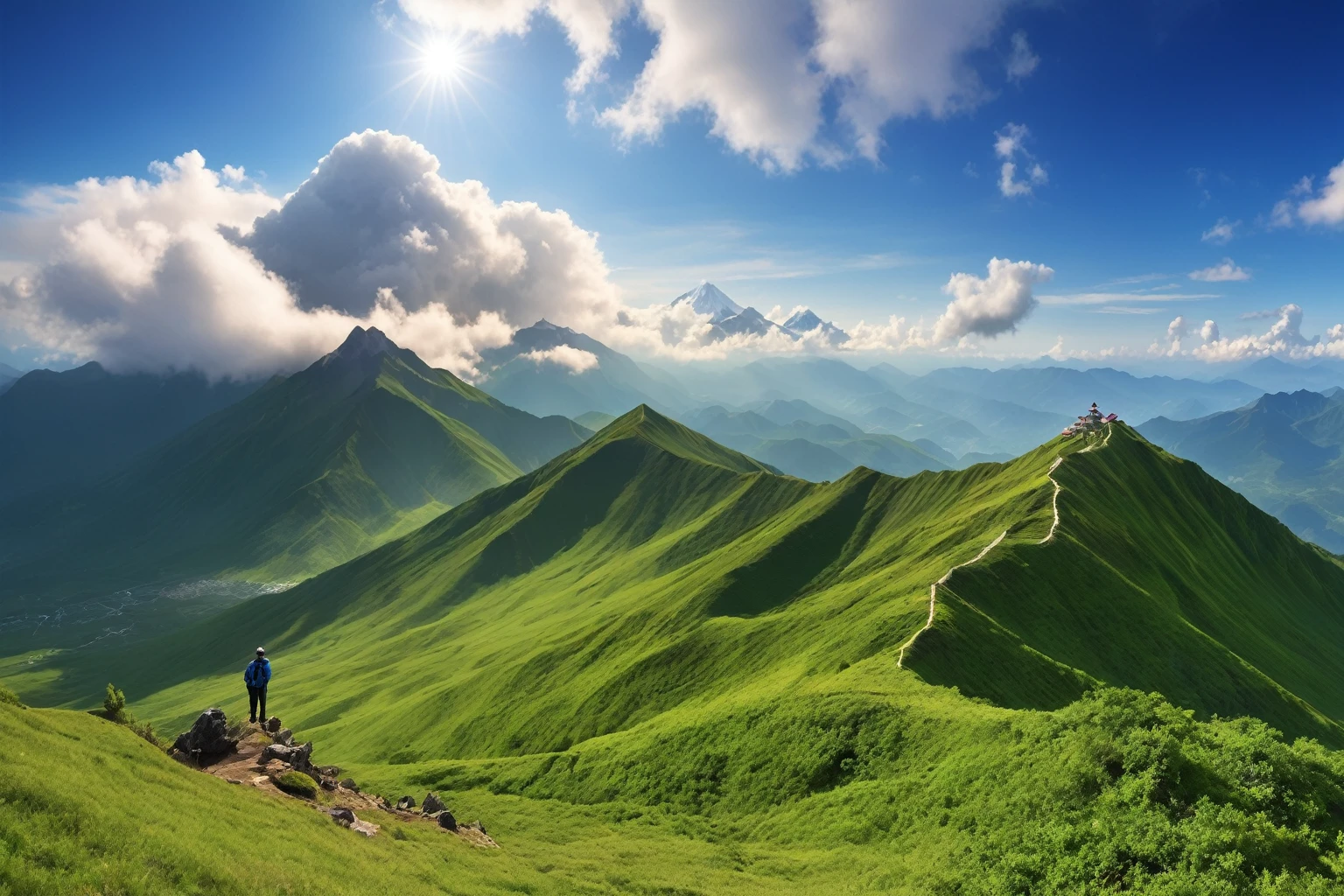 A mountain viewed from a hill，There was a man standing on the hill, stunning nature in background, Paradise scenery, Paradise scenery, Beautiful mountain background, Heaven on top, High-altitude view, Breathtaking, beautiful view, HD Wallpapers, Beautiful cloudy atmosphere, Magnificent natural scenery, Really beautiful nature, nature and clouds in background, beautiful beautiful view