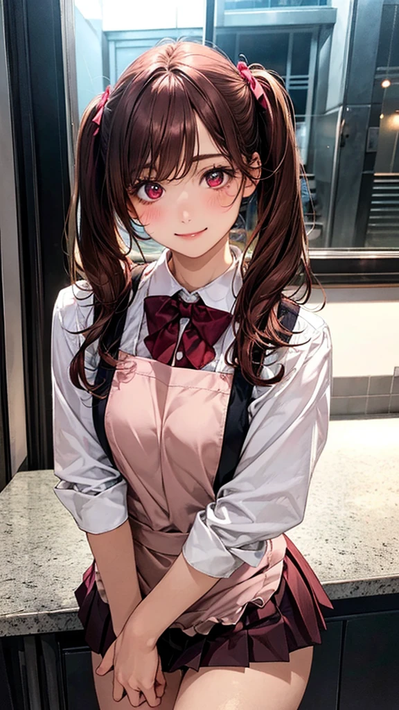 (masterpiece:1.2, Highest quality), (Realistic, photoRealistic:1.4), Beautiful illustrations, (Natural Side Lighting, Cinema Lighting), Browsing Caution,
Looking at the audience, (Face Focus, Upper Body), 1 girl, Japanese, high school girl, Perfect Face, Symmetrical cute face, Glowing Skin,
(Long Hair:1.5, Twin tails:1.4, Dark brown hair), Asymmetrical bangs, Dark red eyes, Shining Eyes, Big eyes, Droopy eyes, Long eyelashes, (Medium chest), thin, Dark red hair ribbon,
Beautiful Hair, Beautiful Face, Fine and beautiful eyes, Beautiful clavicle, Beautiful body, Beautiful breasts, Beautiful thighs, Beautiful legs, Beautiful fingers,
((Pink ruffled apron, White collared shirt, Dark red pleated mini skirt), Dark red bow tie),
(Beautiful views), evening, (kitchen), Are standing, Put your arms behind your head, (Cute Smile, Upper Eye),