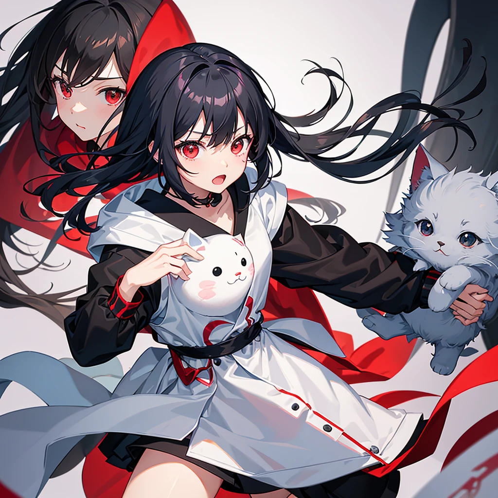 Create an anime-style illustration of a cute character with black hair and red eyes。The character is wearing a black hood、She is holding a grey, mackerel and white cat plush toy.、The overall feel is playful.。The facial expression shows surprise and joy.、It emphasizes the overall cute and lively atmosphere.。
