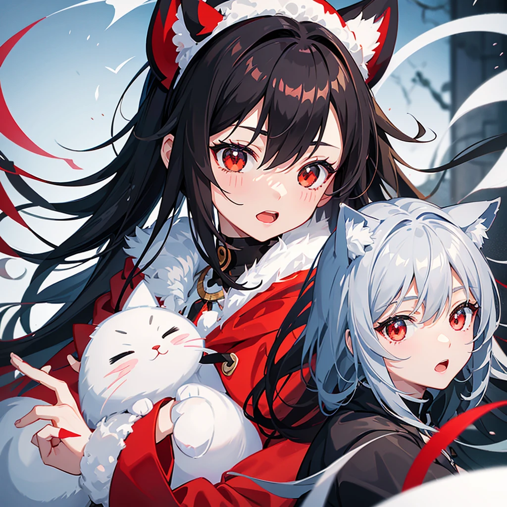 Create an anime-style illustration of a cute character with black hair and red eyes。The character is wearing a black hood、She is holding a grey, mackerel and white cat plush toy.、The overall feel is playful.。The facial expression shows surprise and joy.、It emphasizes the overall cute and lively atmosphere.。