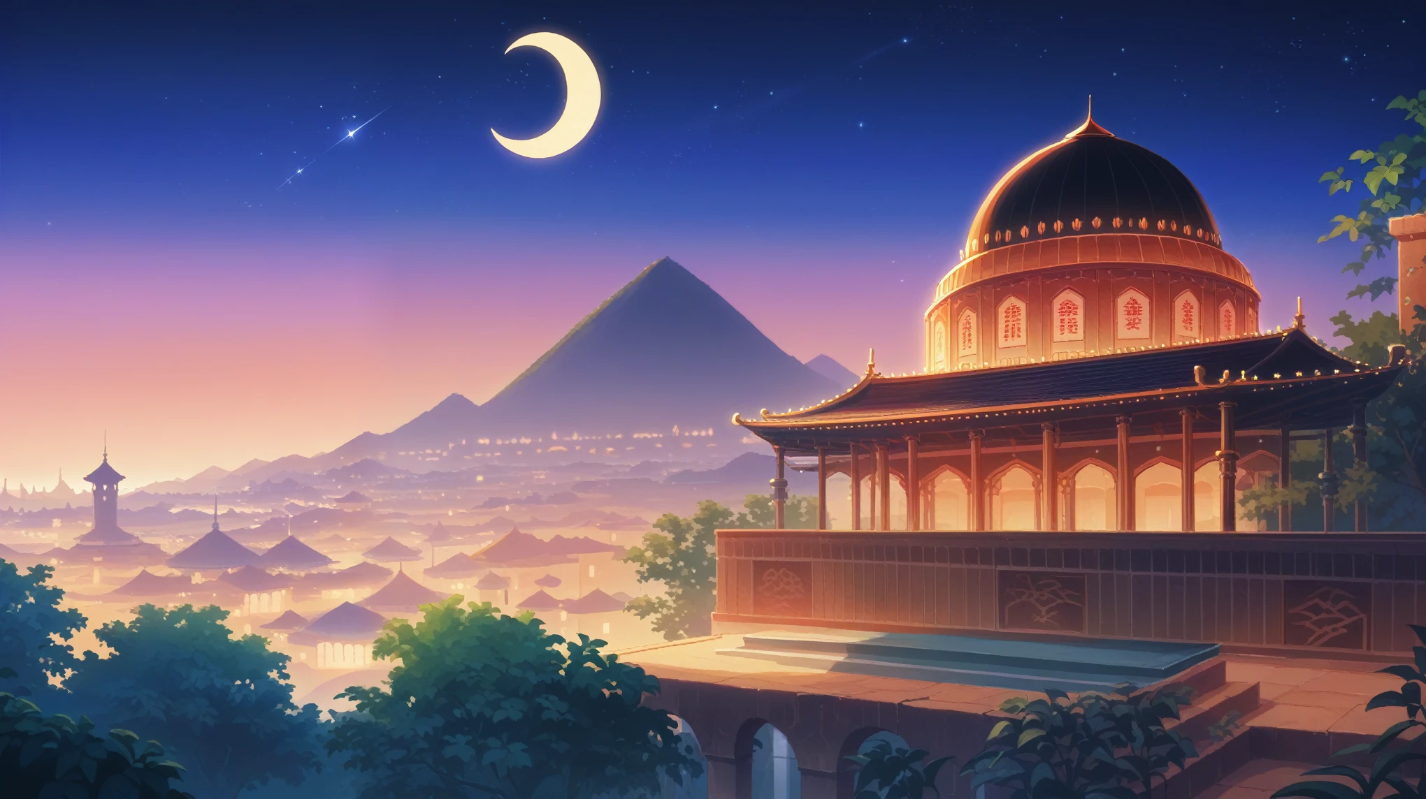 16-bit,Mosque, big crescent, bright stars in the sky, at night, 1girl,Kousaka honoka,Ultra detail hair, ultra detail face, full body shot,orange hair , standing , blue eyes , scenery,style,pixelart,apxlz, islamic city