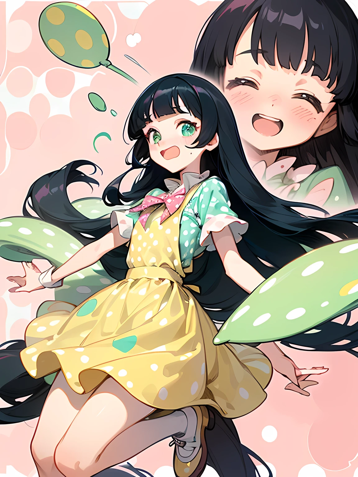 (black Alice in Wonderland),((straight pure black thin long hair:1.2)),(very short black hair sideburns),(blunt bangs),(A vibrant and lively background:1.2),(Pop and cute polka dot pattern:1.45)),((You are the main character!:1.2)),(Beautiful images:1.15),(high quality:1.15),((Perfect graphics:1.15)),Big smile,(blush、Embarrassed laugh:1.25),(white、pink、cream、black、yellow,mint)