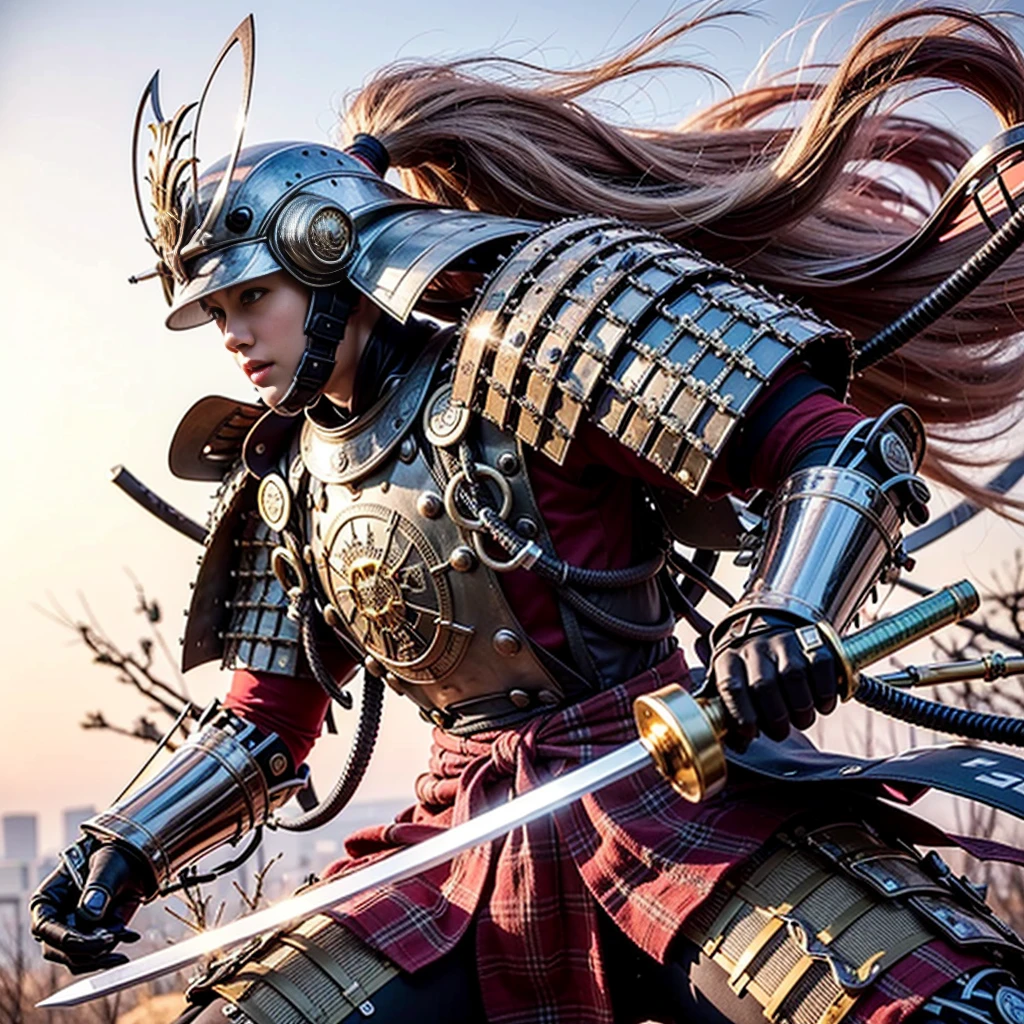 (Highest quality,High resolution,masterpiece:1.2),(traditional:1.4),Japanese samurai armor,Japanese sword,beautiful girl,Twin tails,Silver Hair,Realistic,photoRealistic:1.37,photo shoot,Very detailed,hyper-Realistic textures,whole body,battlefield