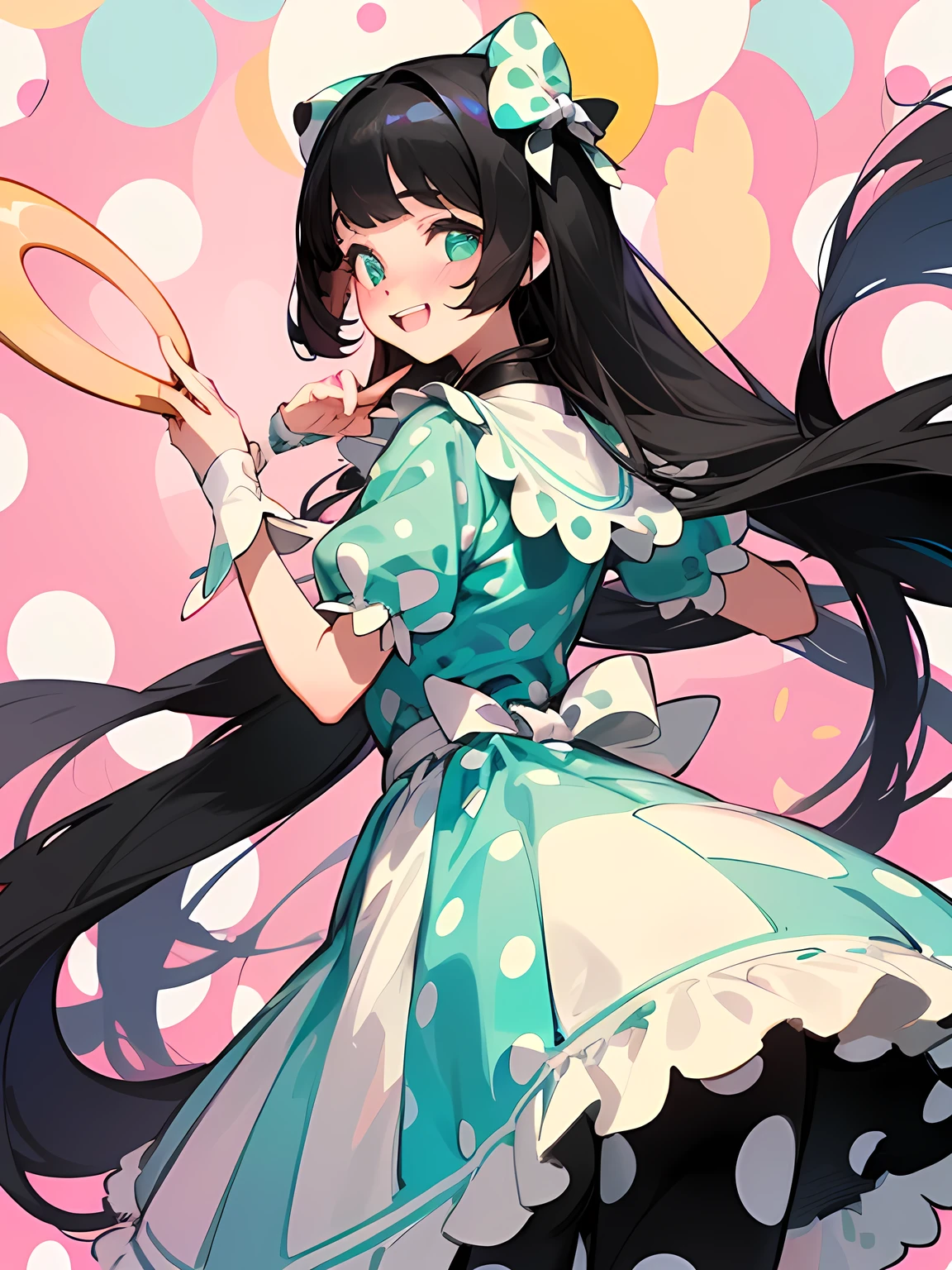 
(black Alice in Wonderland),((straight pure black thin long hair:1.2)),(very short black hair sideburns),(blunt bangs),(A vibrant and lively background:1.2),(Pop and cute polka dot pattern:1.45)),((You are the main character！:1.2)),(Beautiful images:1.15),(high quality:1.15),((Perfect graphics:1.15)),Big smile,(blush、Embarrassed laugh:1.25),(white、pink、cream、black、yellow,mint)