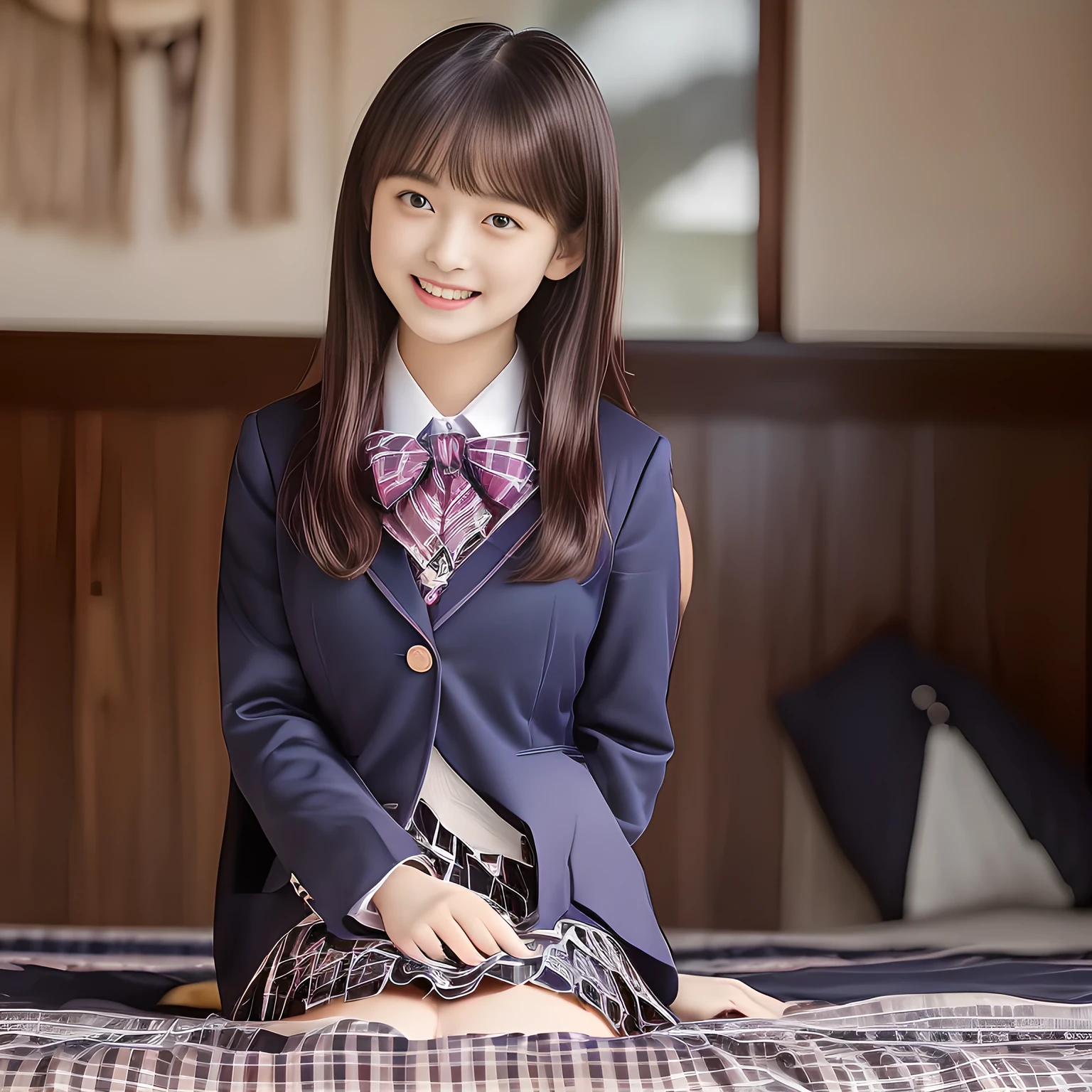 (Highest quality, masterpiece:1.2), Highest quality, High resolution, 1080P, 8k, (Paintings by Vigée Leblanc: 1.5), (A noble, graceful and intelligent 14yo Japanese young long hair magazine fashion model who have a best proportion are seated smiling at me with religious extreme beatitude, expressing her happiness to me with her religious love supreme: 1.5), (background is complete black: 1.6), (double-eyelids, brown wet large eyes with detailed beautifully: 1.4), (calling me to invite me to her extreme happiness opening her mouth: 1.4), (laughing shy cheeks and lips, as if watching a comedy: 1.5), ((Very super long wavy hair is too much beautiful: 1.0)), (Navy gorgeous Japanese school blazer with noble golden emblem: 1.2), (Gorgeous dark blue tartan check blue pattern pleated skirt with beautiful white fat calves and knees: 1.4), (Gorgeous plain red gloss chest ribbon: 1.0), (Well-shaped ample fat breasts), (Tilting her head shyly), (Too beautiful women to stop falling into them: 1.6), (She is in fact succubi and calling me with strong religious temptation: 1.2), showing her palm to invite me