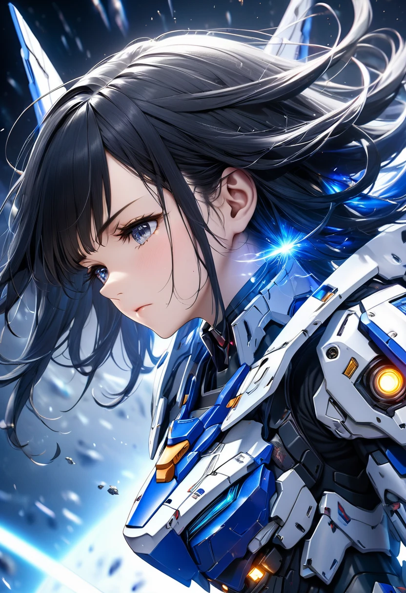 taken in 8K HD. Realistic photographic illustration, real body proposition, highly detailed with extreme close-UP style sci-fi theme of a woman with long black hair fluttering, exhausted wearing armor like gundam in blue and white color combination, the armor has blue light as a symbol of its energy, background in the battlefield