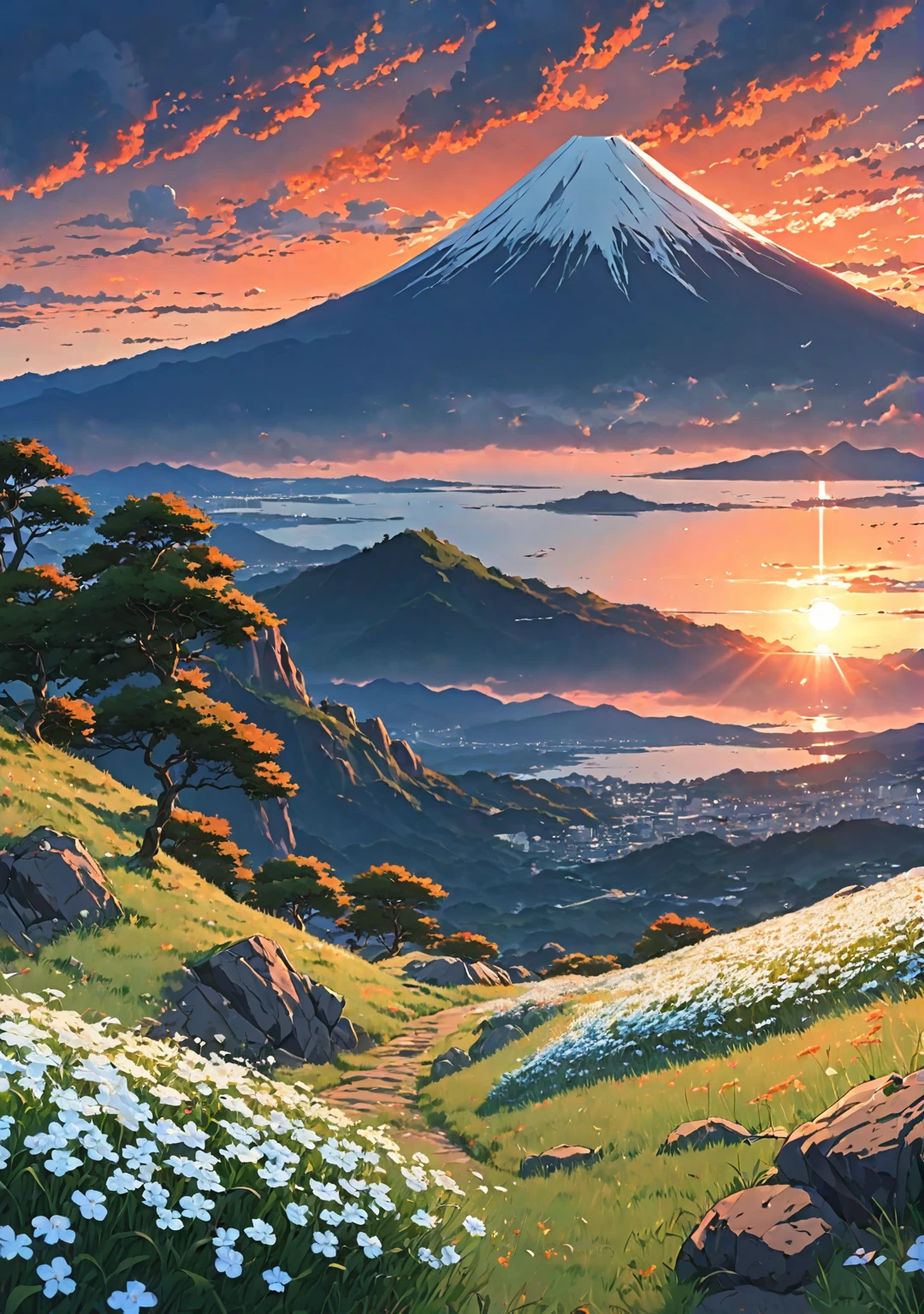 Located on top of a grassy rocky hill々Beautiful small white or light blue flowers,landscape, Sunset with orange and red hell clouds, anime nature wallpapers, Beautiful anime scene, Beautiful anime peace scenes, Makoto Shinkai Cyril Rolland, Beautiful scene from anime, Awesome Wallpapers, Anime Art Wallpapers 8K, Anime Background, artistic Anime Background, 4k anime wallpaper, anime art wallpaper 4k, anime art wallpaper 4k,