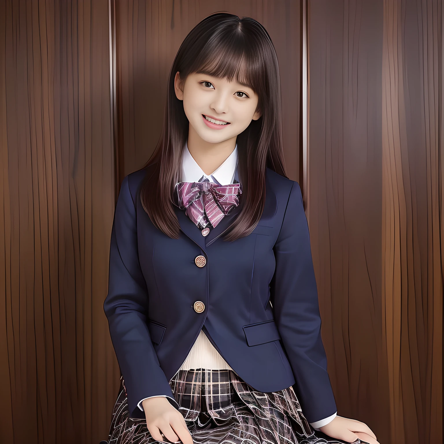(Highest quality, masterpiece:1.2), Highest quality, High resolution, 1080P, 8k, (Paintings by Vigée Leblanc: 1.5), (A noble, graceful and intelligent 14yo Japanese young long hair magazine fashion model who have a best proportion are seated smiling at me with religious extreme beatitude, expressing her happiness to me with her religious love supreme: 1.5), (background is complete black: 1.6), (double-eyelids, brown wet large eyes with detailed beautifully: 1.4), (calling me to invite me to her extreme happiness opening her mouth: 1.4), (laughing shy cheeks and lips, as if watching a comedy: 1.5), ((Very super long wavy hair is too much beautiful: 1.0)), (Navy gorgeous Japanese school blazer with noble golden emblem: 1.2), (Gorgeous dark blue tartan check blue pattern pleated skirt with beautiful white fat calves and knees: 1.4), (Gorgeous plain red gloss chest ribbon: 1.0), (Well-shaped ample fat breasts), (Tilting her head shyly), (Too beautiful women to stop falling into them: 1.6), (She is in fact succubi and calling me with strong religious temptation: 1.2), showing her palm to invite me