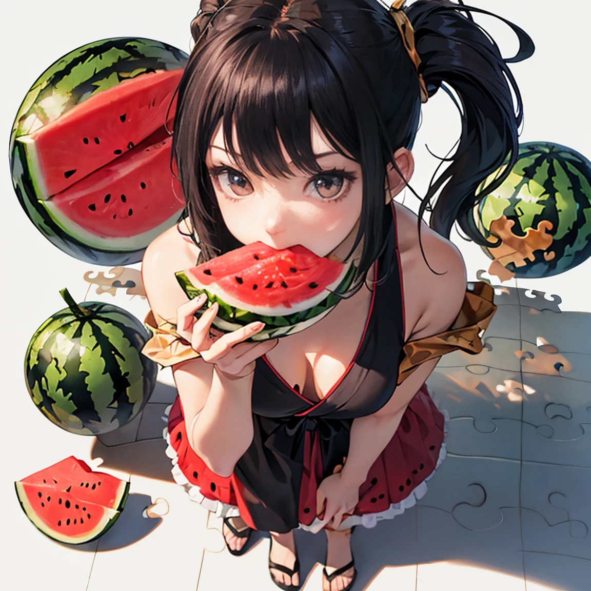 ((RAW Photos)), ((masterpiece)), (Puzzle and Dragon Seina,One person:1.5), (full body,standing:1.2),Intricate details, View your viewers, beautiful, Fine eyes and lips,White background,Fantasy,Perfect Face, (1 girl,White background:1.3),Big shiny clear golden eyes,Long black hair tied up,Fantasy,beautiful表情,Detailed facial expressions,Low exposure,Friendly look、Small breasts、((Eating watermelon:1.4))