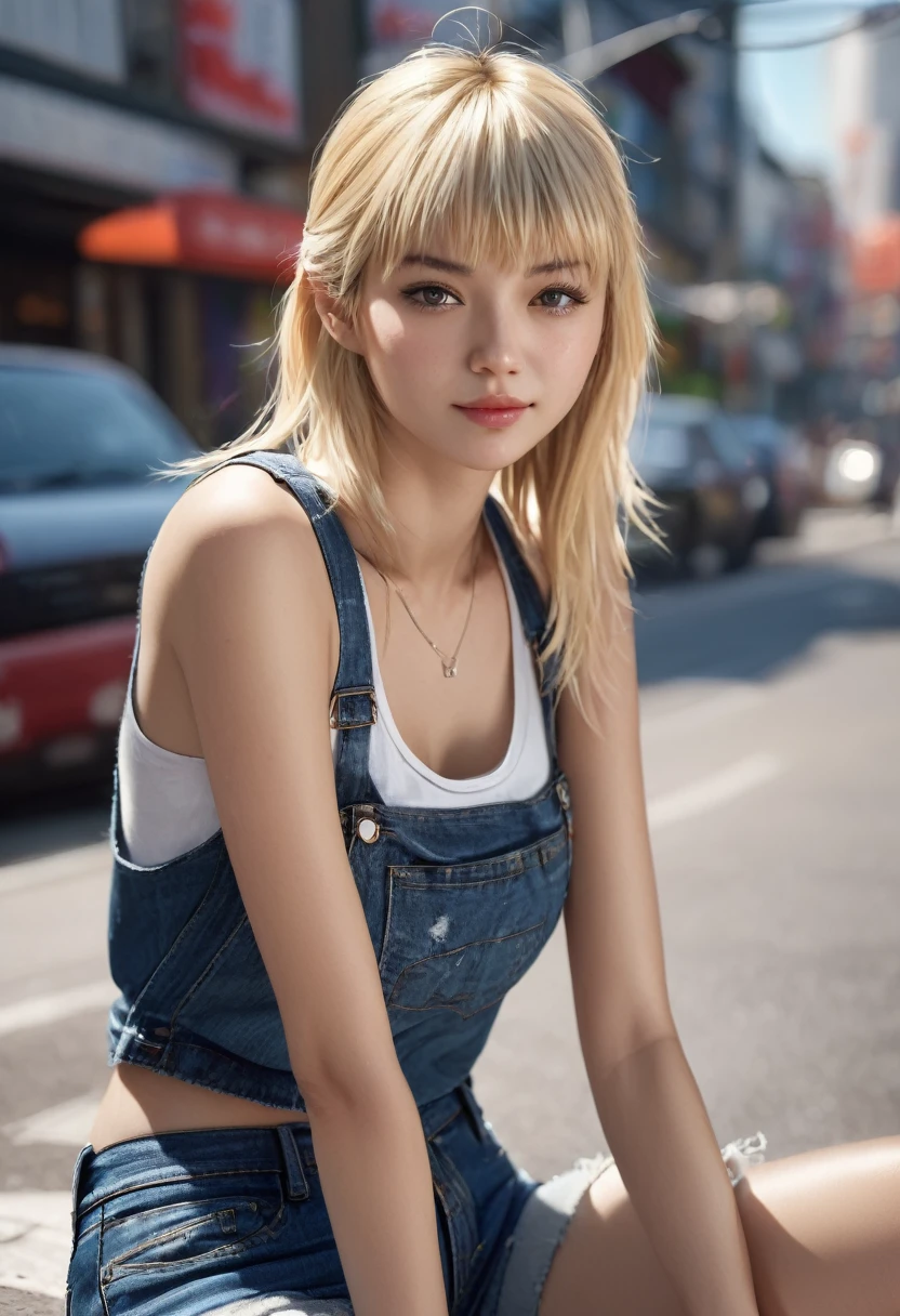 cool, girl, jap, (Straight_bangs, Blond hair:1.5), Smirk, (tanktop), (Short_Pants, denim), in Street, sitting, (morning effect), (8k, hyper detailed, realistic), best quality, ultra detailed, highres, high-resolution, 4k realistic, portrait, 8k realistic portrait, unity 8k wallpaper, extremely detailed