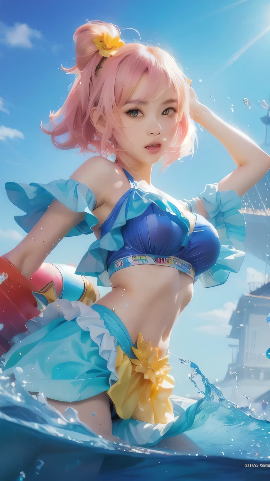 thin waist, long limbs, big breasts, ((I can see your nipples)), ((erect nipples)), (Female dog),masterpiece、1 beautiful girl、detailed face、detailed eye、fine skin、fine hands、highest quality、Shine a bright light from the front、professional lighting、look straight ahead、the background is a little blurry、The costume is a Korean idol..(2000 fashion)、nice smile、live stage background(dancing)、 Some of the costumes and hair accessories are pink...、 Her hair is short and cute、 Age is 25 years、 spread your right arm wide,silver hair