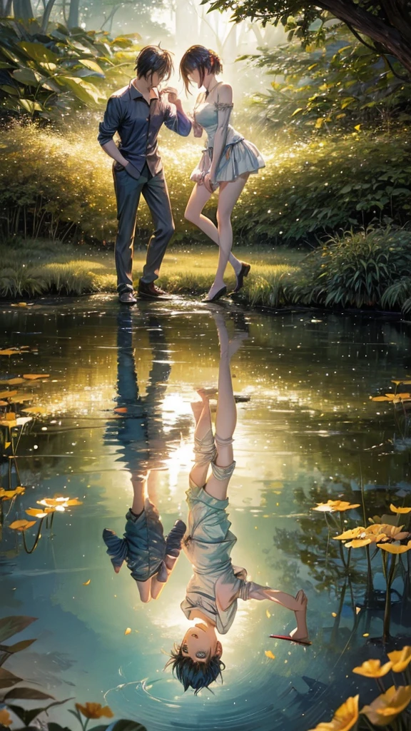 The couple is plucking flowers in the forest. There is a pond nearby in which fishes are swimming. It is morning time. The couple is wearing short clothes. Moody color sunlight Anime style art