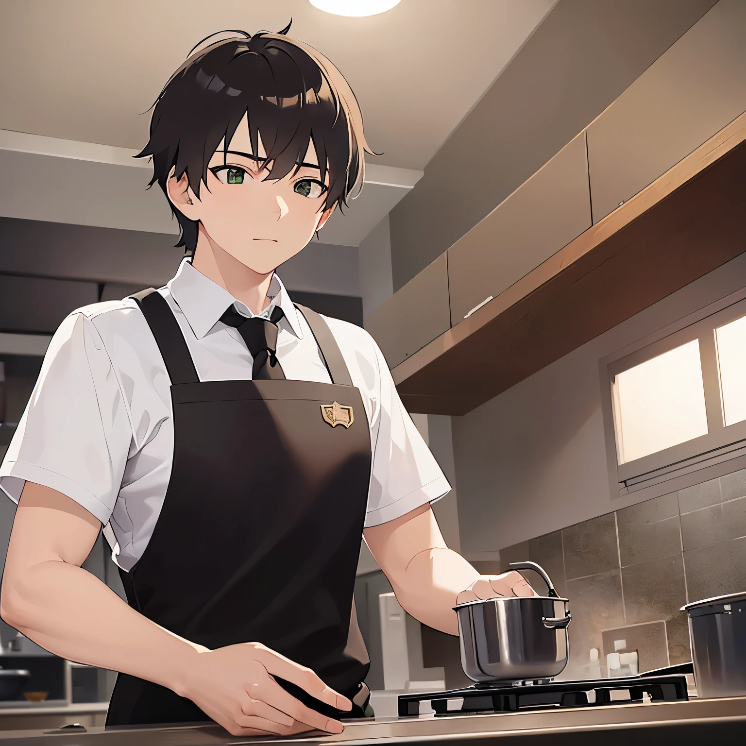 (looking away:1.5),upper body、
masterpiece、Highest quality、
BREAK (25-year-old male:1.5) and (Mahogany brown short hair) and (Green Eyes)
BREAK (white collared shirt) 、apron、
sautéing、Are standing、(The background is the kitchen at night:1.5),(Night Sky:1.5)、alone、Upper body is shown、