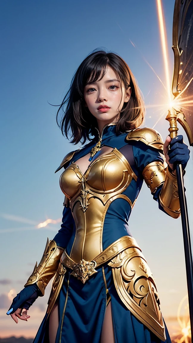 Create an image of Zeri in her 'Royal Guard' skin, adorned in elegant, armor-like attire with intricate gold and blue designs. Zeri is poised in a regal stance, ready to activate her 'Majestic Burst' ability. The scene features a burst of radiant, golden energy emanating from her weapon, with a majestic aura surrounding her as she prepares for battle.