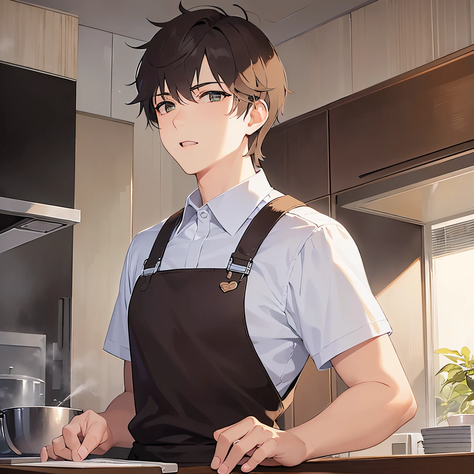 （looking away:1.5）,upper body、Side shot、
masterpiece、Highest quality、
BREAK (25-year-old male:1.5) and (Mahogany brown short hair) and (Green Eyes)
 BREAK (white collared shirt) 、apron、
sautéing、Are standing、The background is the kitchen at night、alone、Upper body is shown、