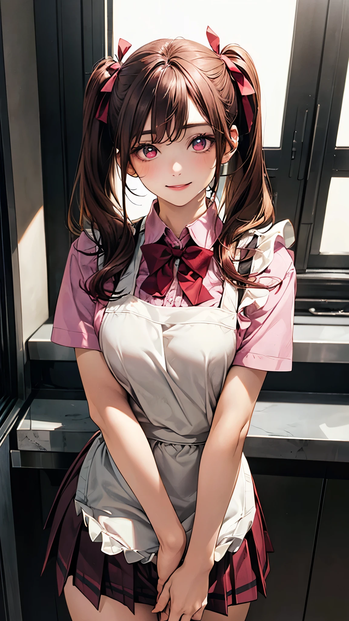 (masterpiece:1.2, Highest quality), (Realistic, photoRealistic:1.4), Beautiful illustrations, (Natural Side Lighting, Cinema Lighting), Browsing Caution,
Looking at the audience, (Face Focus, Upper Body), 1 girl, Japanese, high school girl, Perfect Face, Symmetrical cute face, Glowing Skin,
(Long Hair:1.5, Twin tails:1.4, Dark brown hair), Asymmetrical bangs, Dark red eyes, Shining Eyes, Big eyes, Droopy eyes, Long eyelashes, (Medium chest), thin, Dark red hair ribbon,
Beautiful Hair, Beautiful Face, Fine and beautiful eyes, Beautiful clavicle, Beautiful body, Beautiful breasts, Beautiful thighs, Beautiful legs, Beautiful fingers,
((Pink ruffled apron, White collared shirt, Dark red pleated mini skirt), Dark red bow tie),
(Beautiful views), evening, (kitchen), Are standing, Put your arms behind your head, (Cute Smile, Upper Eye),