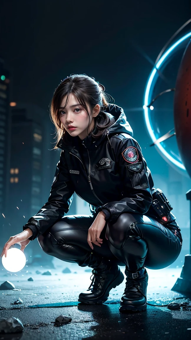 Depict Zeri in her 'Rogue Agent' skin, wearing a sleek, tactical outfit with high-tech gadgets. She’s crouching behind cover, preparing to unleash her 'Pulse Strike' ability. The image shows her charging up a glowing energy sphere with intense focus, and the surrounding environment is illuminated by the bright, pulsating energy.