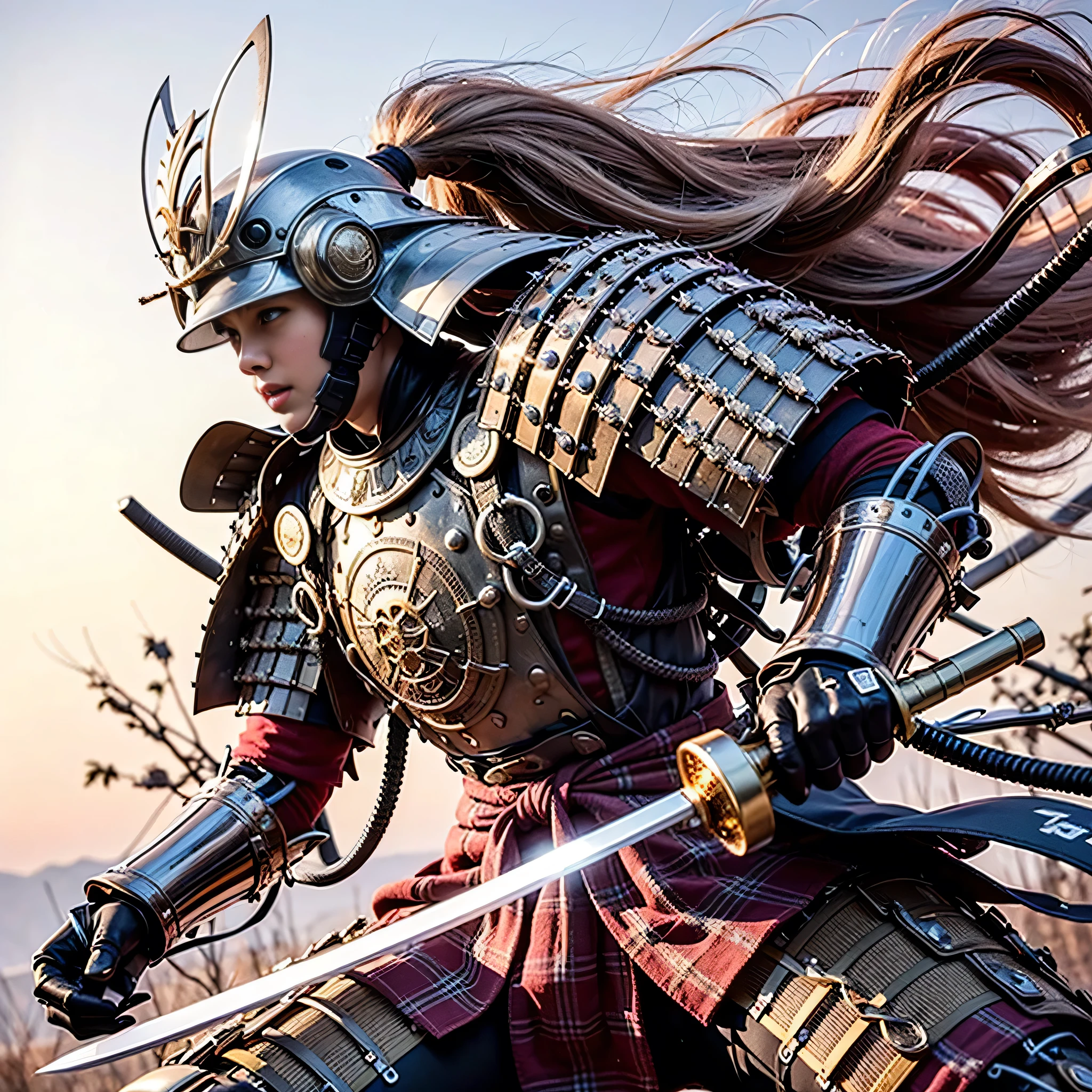(Highest quality,High resolution,masterpiece:1.2),(traditional:1.4),Japanese samurai armor,Japanese sword,beautiful girl,Twin tails,Silver Hair,Realistic,photoRealistic:1.37,photo shoot,Very detailed,hyper-Realistic textures,whole body,battlefield