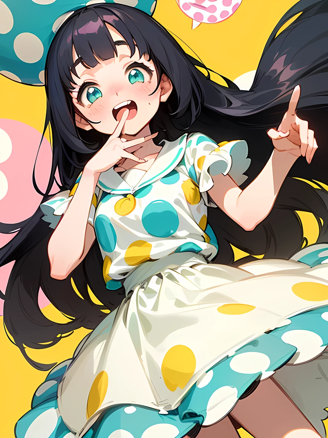 (black Alice in Wonderland),((straight pure black thin long hair:1.2)),(very short black hair sideburns),(blunt bangs),(A vibrant and lively background:1.2),(Pop and cute polka dot pattern:1.45)),((You are the main character!:1.2)),(Beautiful images:1.15),(high quality:1.15),((Perfect graphics:1.15)),Big smile,(blush、Embarrassed laugh:1.25),(white、pink、cream、black、yellow,mint)
