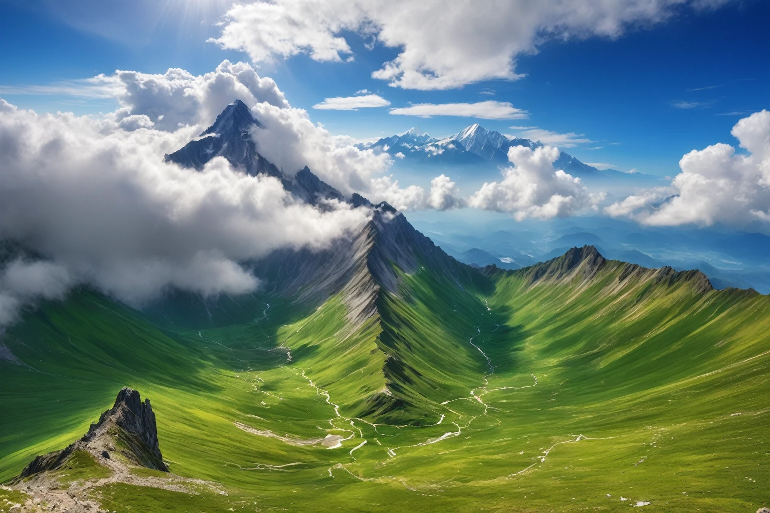 a stunning landscape overlooking a mountain, breathtaking natural scenery in the background, heavenly scenery, beautiful mountain backdrop, heaven at the top, aerial view, awe-inspiring, serene landscape, high resolution wallpaper, beautiful cloudy atmosphere, majestic natural scenery, truly beautiful nature, natural elements and clouds in the background, beautiful, idyllic