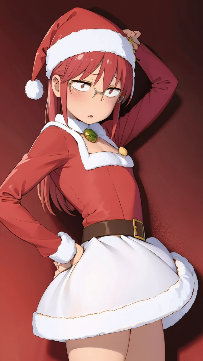 ((badhandv4)) Kobayashi, (Bust size very very small.)),  (flat chest:1.2), Posing embarrassed, Christmas sexy Outfit, gorro de navidad, escote, guantes,