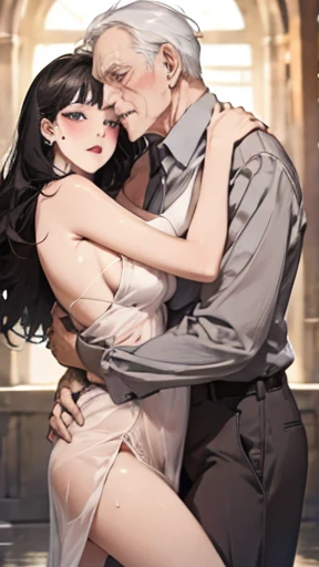 A shy princess and a lusty old man, hugging, lewd, masterpiece, wet