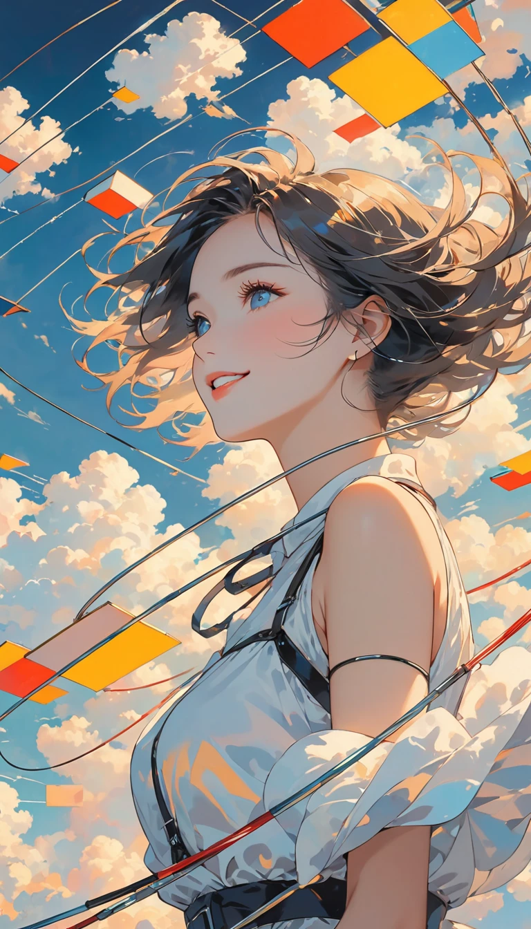 masterpiece, best quality, Stills, 1 Girl, Floating in the air, cloud girl, cloud, (close up:1.1), bright, Happy, pleasure, Soft lighting, (Bauhaus, shape, Wire, Abstract:1.1)