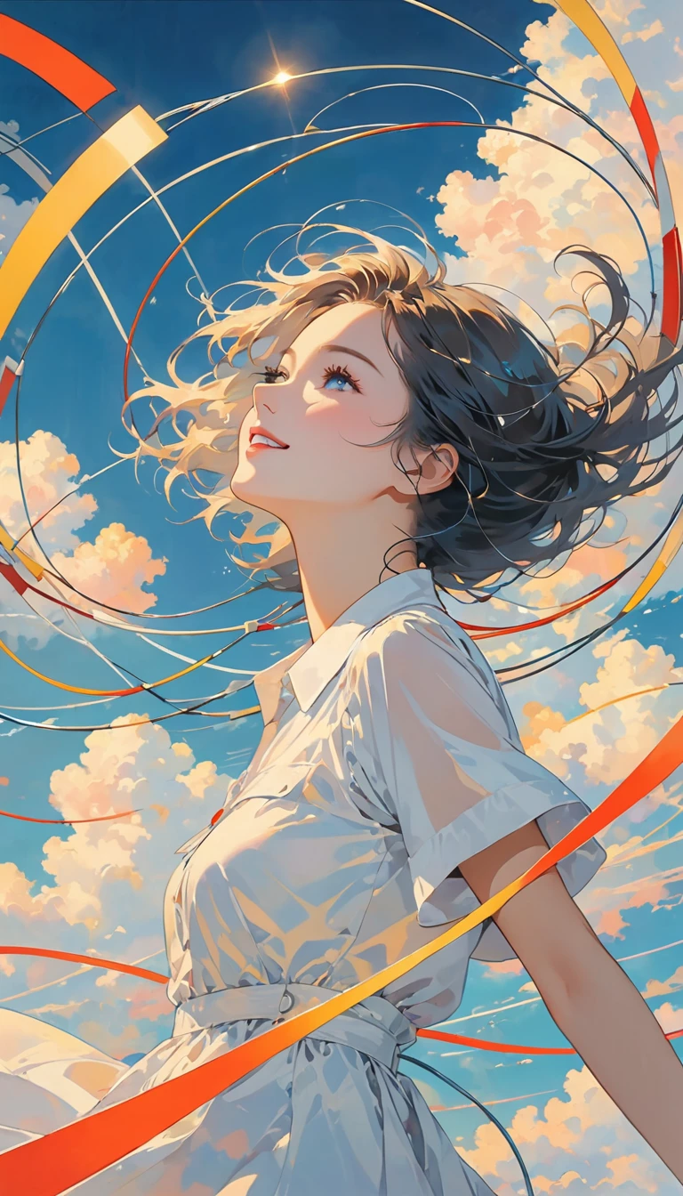 masterpiece, best quality, Stills, 1 Girl, Floating in the air, cloud girl, cloud, (close up:1.1), bright, Happy, pleasure, Soft lighting, (Bauhaus, shape, Wire, Abstract:1.1)