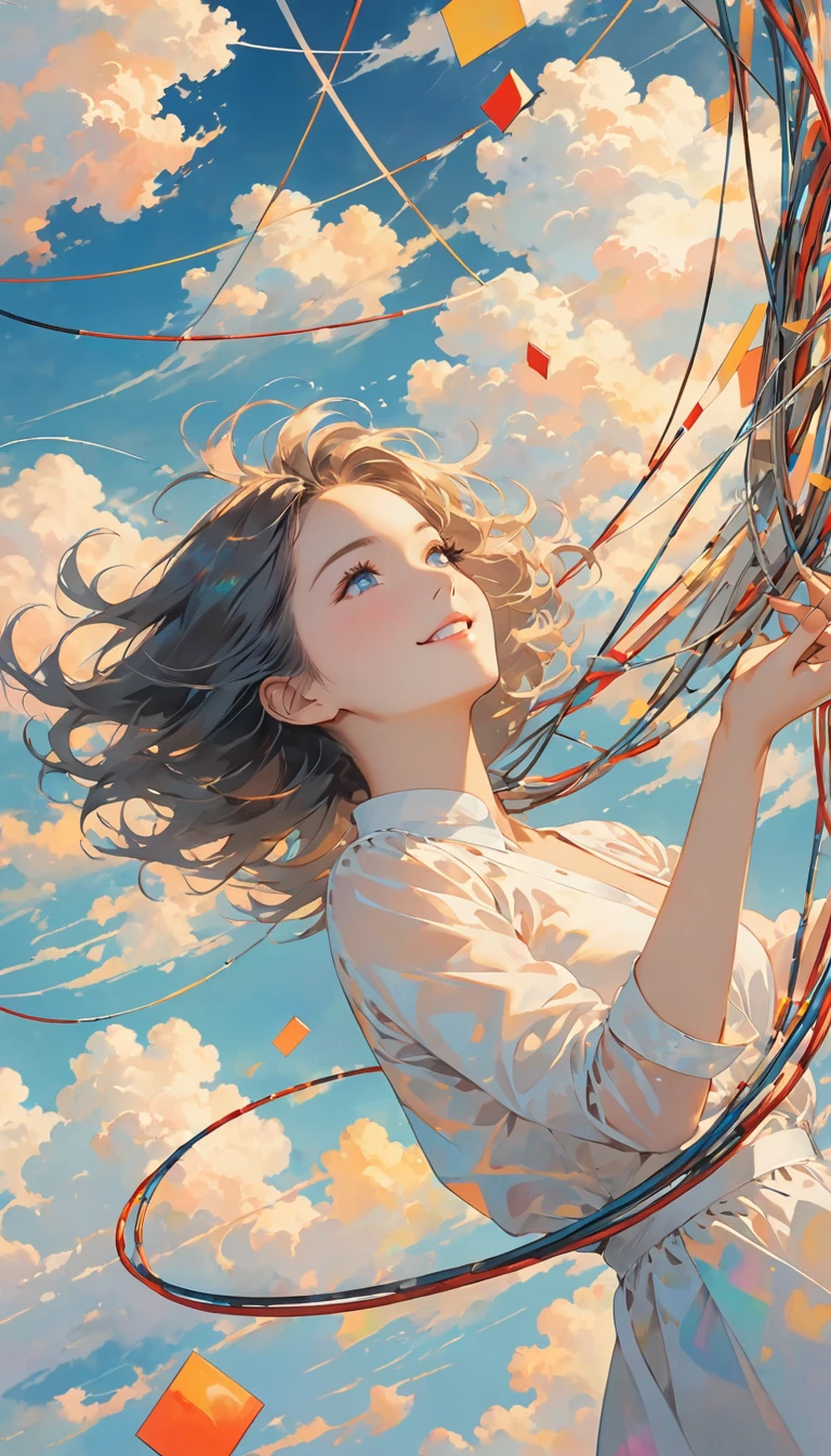 masterpiece, best quality, Stills, 1 Girl, Floating in the air, cloud girl, cloud, (close up:1.1), bright, Happy, pleasure, Soft lighting, (Bauhaus, shape, Wire, Abstract:1.1)