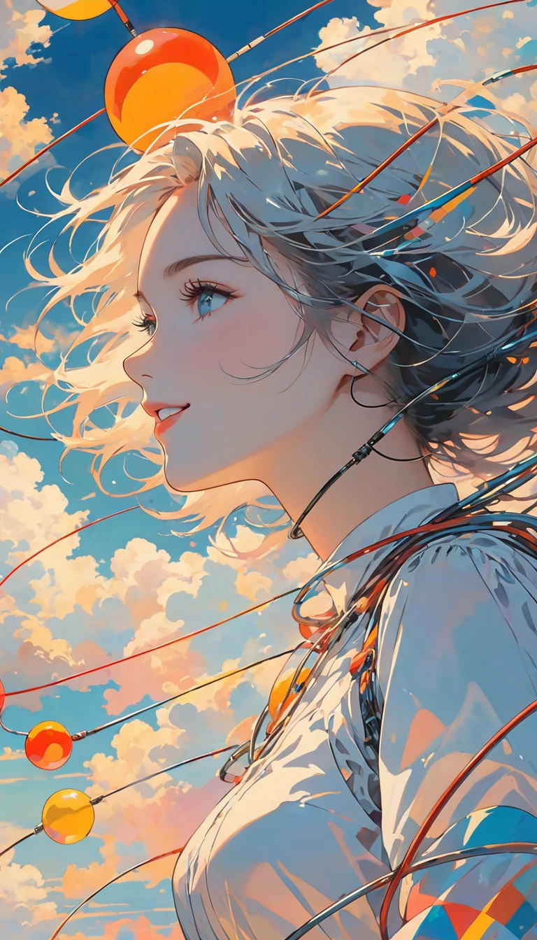 masterpiece, best quality, Stills, 1 Girl, Floating in the air, cloud girl, cloud, (close up:1.1), bright, Happy, pleasure, Soft lighting, (Bauhaus, shape, Wire, Abstract:1.1)