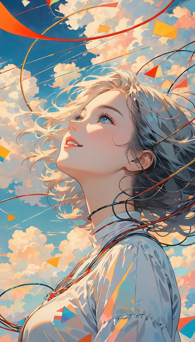masterpiece, best quality, Stills, 1 Girl, Floating in the air, cloud girl, cloud, (close up:1.1), bright, Happy, pleasure, Soft lighting, (Bauhaus, shape, Wire, Abstract:1.1)